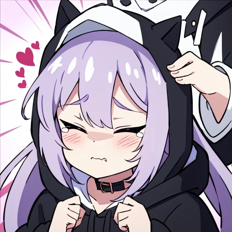 Masterpiece, 8k, Best Quality, Highly detailed, depth of field, 1girl, animal ears, white animal hood, bangs, cat hood, black collar, heart hair ornament, hood, hood up, white hoodie, long hair, purple hair, solo, hands own head, tearing up, tears, trembling, wavy mouth, opened mouth, virtual youtuber, closed eyes, chibi, looking at the viewer, baseball bat, (hit on the head:1.4), HornyJail, chibi, emoji, icon, white background