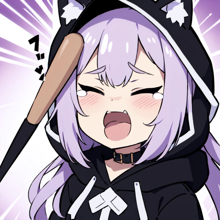 Masterpiece, 8k, Best Quality, Highly detailed, depth of field, 1girl, animal ears, white animal hood, bangs, cat hood, black collar, heart hair ornament, hood, hood up, white hoodie, long hair, purple hair, solo, hands own head, tearing up, tears, trembling, wavy mouth, opened mouth, virtual youtuber, closed eyes, chibi, looking at the viewer, baseball bat, (hit on the head:1.4), HornyJail, chibi, emoji, icon, white background