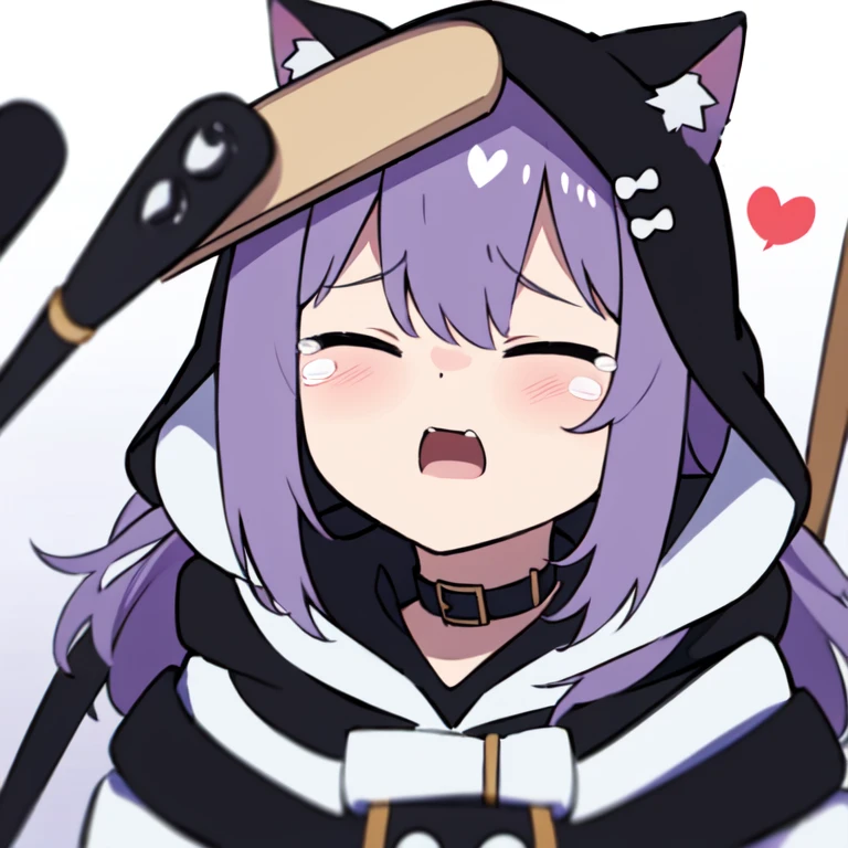 Masterpiece, 8k, Best Quality, Highly detailed, depth of field, 1girl, animal ears, white animal hood, bangs, cat hood, black collar, heart hair ornament, hood, hood up, white hoodie, long hair, purple hair, solo, hands own head, tearing up, tears, trembling, wavy mouth, opened mouth, virtual youtuber, closed eyes, chibi, looking at the viewer, baseball bat, (hit on the head:1.4), HornyJail, chibi, emoji, icon, white background,