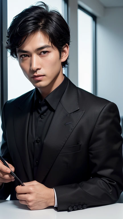 (highest quality, masterpiece, High resolution:1.4), (Realistic, RAW Photos:1.2), (alone), (male:1.5), (Asian:1.7), Modeled, (good looking:1.3), (Big eyes:1.3 ),(dark blown eyes:1.2),Shoot from the front,(50 years old), (black hair:1.3), (Super Short Hair:1.2), (Black suit:1.3), Midnight,(office)