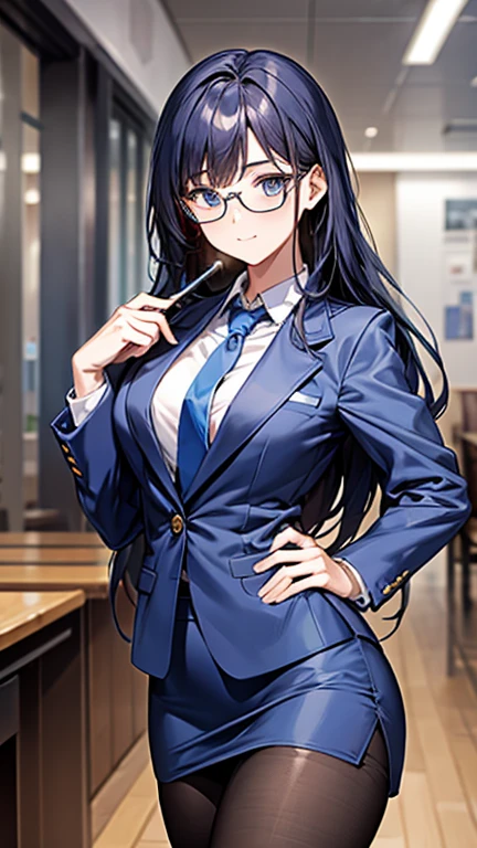 Highest quality, masterpiece, ((Big Breasts)), uniform, blazer, Blue Hair, Glasses
