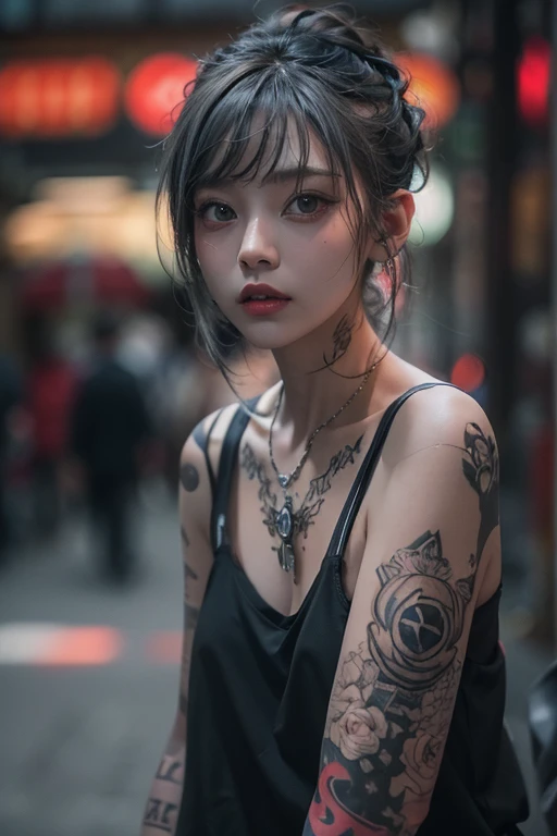top-quality、8K、​masterpiece：1.3、Gothic punk、Red inner color、A grey dark-haired、hair adornments、a beauty girl、creative、punk shirt、Neogos、Goth Fashion：1.2、high resolution、​masterpiece、top-quality、headw:1.3、((Hasselblad photo))、Fine-grained skin、Sharp Focus、(lighting like a movie)、walking Tokyo night under the neon the back, forehead open, 17 years old、Brush your hair back、Shoulder Bare、Red tattoo on the décolletage