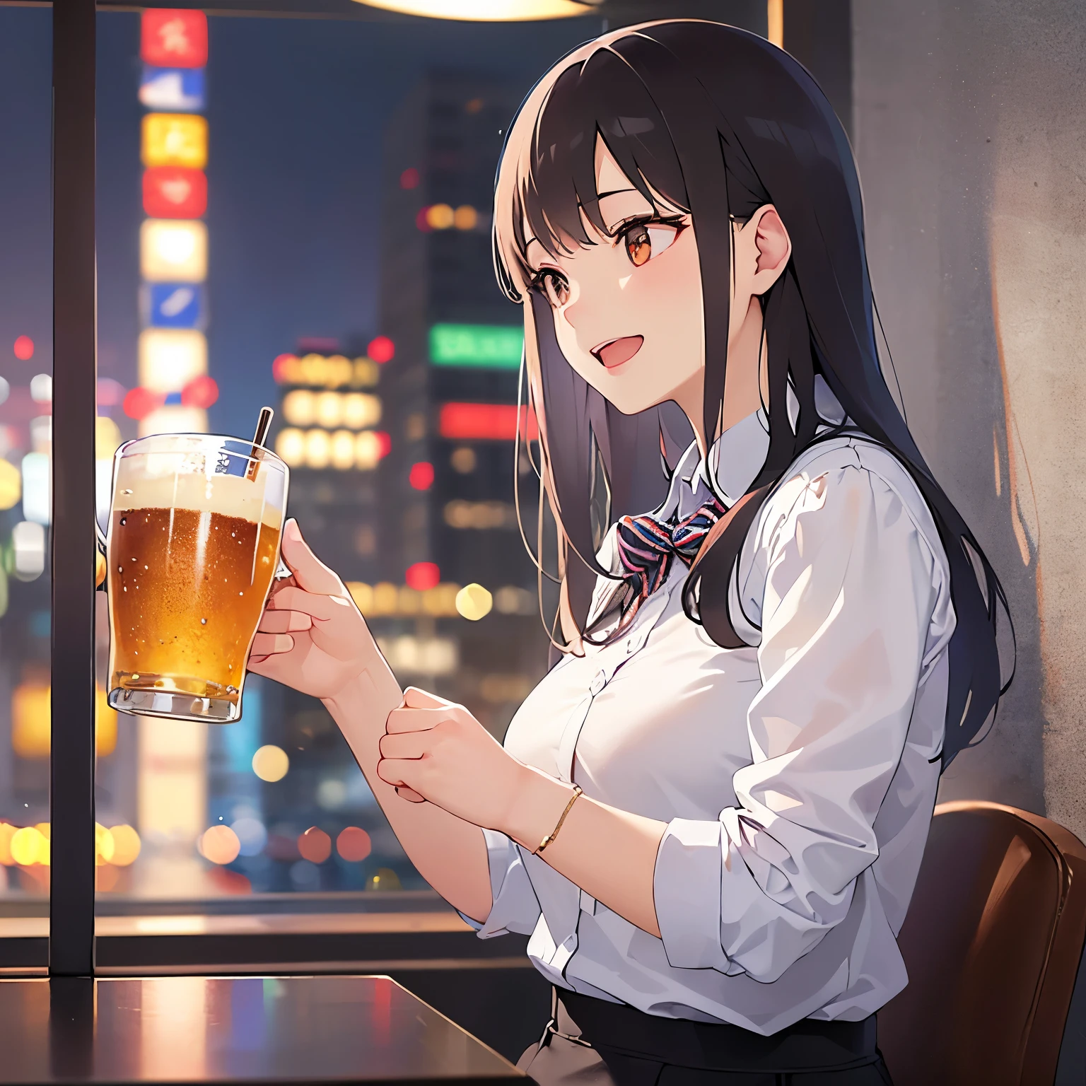 side angle, (looking away:1.5), holding a beer, Upper Body, Realistic, real person, (pale skin: 1.2), RAW photo, photorealistic, portrait photography, shiny skin, shiny hair、(A 25-year-old woman with medium-length hair and bangs) and (wavy hair) and (brown hair) and (orange eyes) , (business suit) and (White shirt) 、grin, open mouth, The background is the interior of a restaurant at night.、Alone、Are standing