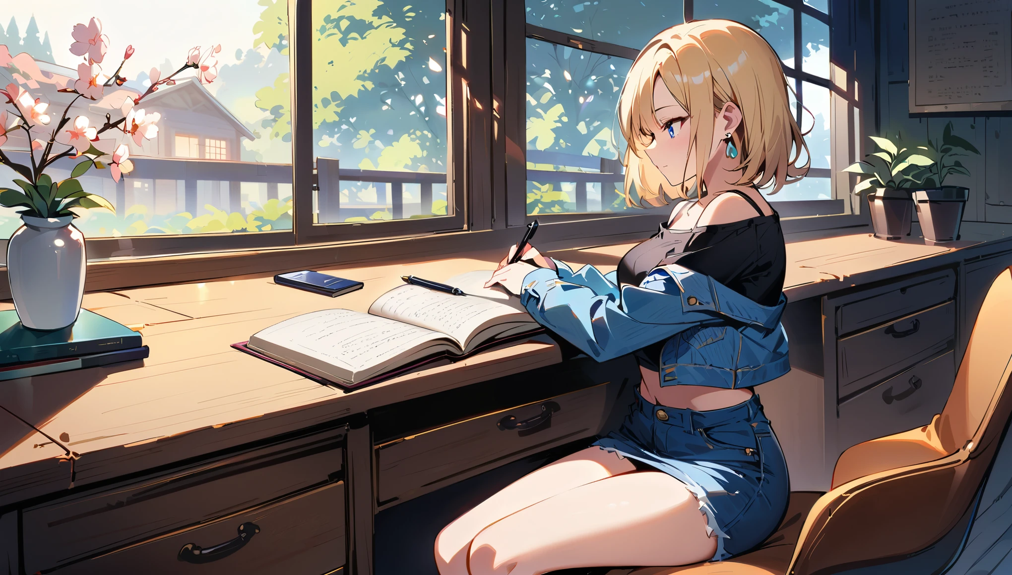 (masterpiece, best quality:1.2), 1girl, solo, Android 18 from Dragon Ball in her chic and pristine log cabin room, slender figure with short blonde hair, blue eyes, earrings, jewelry, denim jacket worn over striped off-shoulder long sleeves exposing her shoulders, black cropped camisole, denim skirt, black pantyhose, large over-ear white headphones completely enveloping her head enabling her to focus, seated at her stylishly organized desk intently writing in a journal, pen in hand, completely absorbed in documenting her thoughts, desk has a hardcover book, modern desk lamp and potted plant, an additional small potted plant in the foreground, chic log cabin style wooden walls, minimalist yet tasteful room decor with no clutter, large window with cherry blossoms blooming outside, side view, 4K