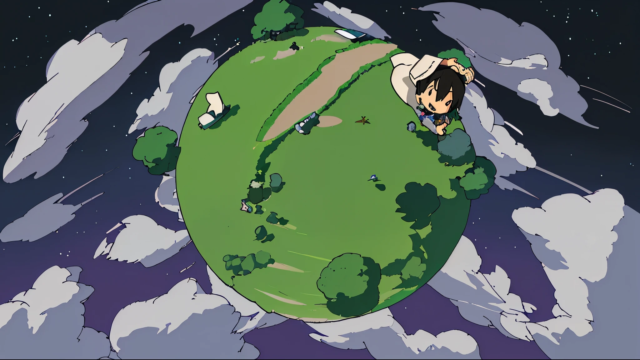 Diameter 100 in the centermThe stars are floating and below them is a sea of clouds. The planet is covered with grass There is one road on that planet.、A car is running on it There are several large trees A man and a woman in suits are dancing on the grass with beers in their hands The plane is flying