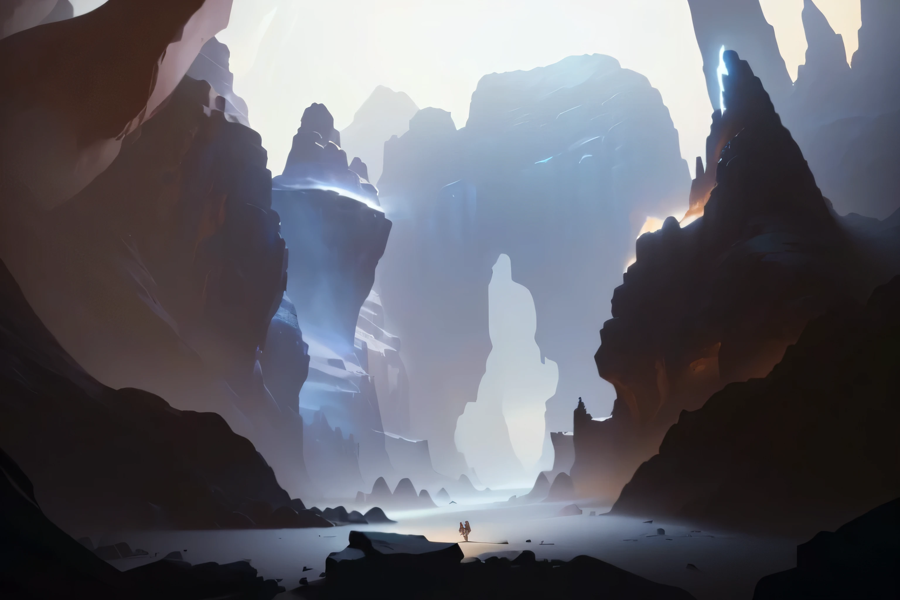 there is a large cave with a large rock formation in it, digital painting concept art, deep environment, unreal enginedigital painting, low detailed. digital painting, environment concept, dramatic lighting. concept art, environment concept art, environment painting, smooth digital concept art, concept art. epic landscape, concept painting, concept art , highly rendered, cave setting, light study