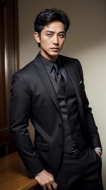 (highest quality, masterpiece, High resolution:1.4), (Realistic, RAW Photos:1.2),  (Photographic images:1.3),(alone), (male:1.5), (Asian:1.7), Modeled, (good looking:1.3), (Big eyes:1.3 ),(dark blown eyes:1.2),Shoot from the front,(50 years old), (black hair:1.3), (Super Short Hair:1.2), (Black suit:1.3), Midnight,(office)