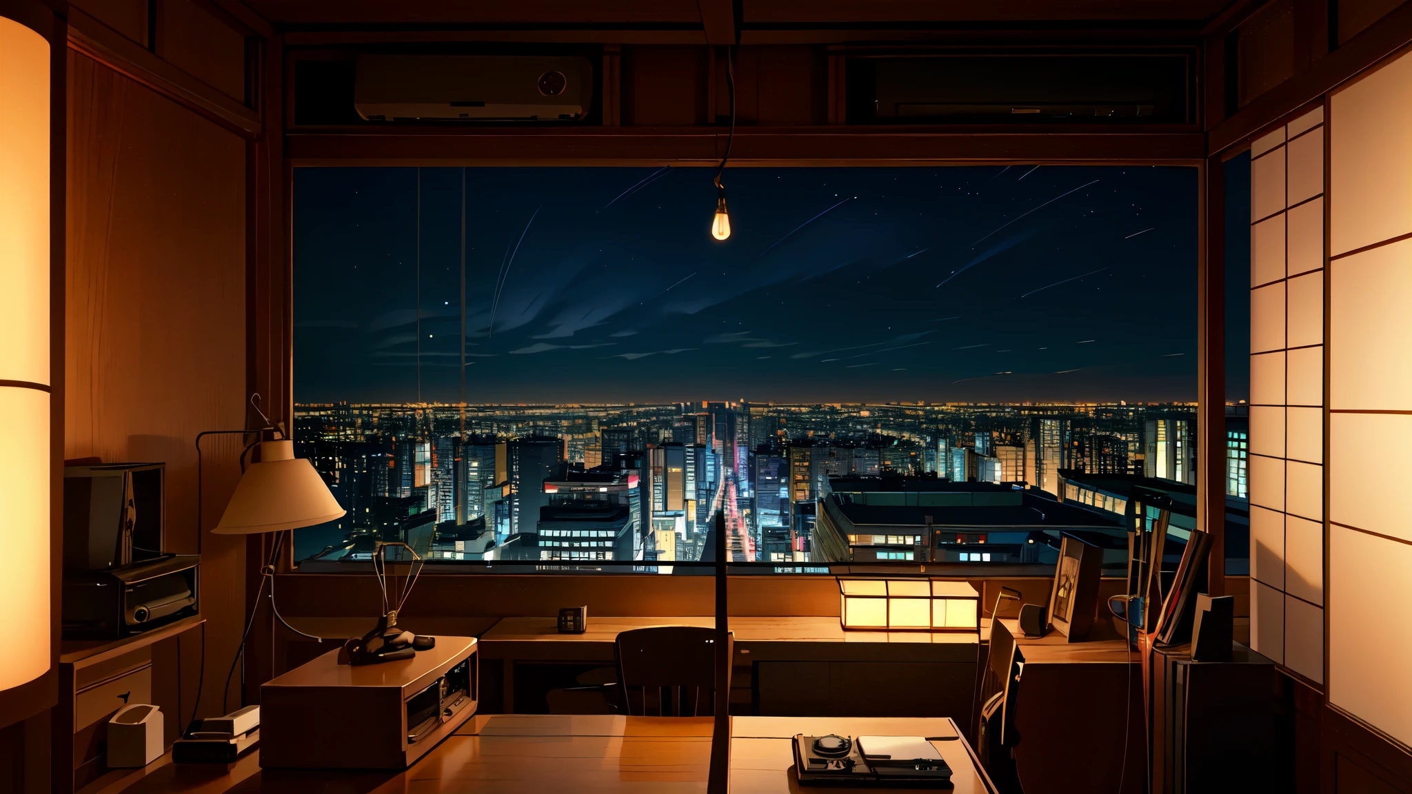 Cool colors, night, (figure: 1.0) , HD detailed, masterpiece, highest quality, (Highly detailed CG Unity 8k wallpaper), Japan, Tokyo, old radio, earphones, simple old solid wood desk, chair, desk by window, large single window, night view, city, depth of field, without character, old lighting