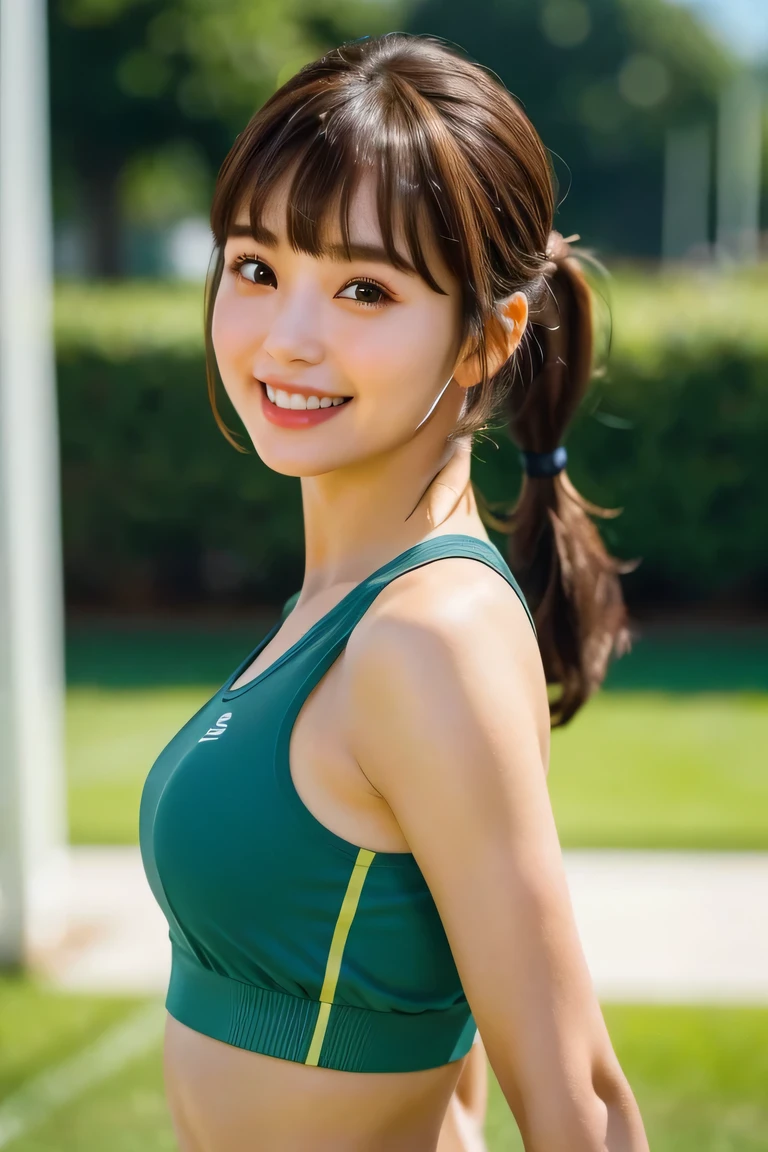 Arms at sides, (Masterpiece, Best quality, Beautiful quality), (Extremely detailed skin,Extremely detailed eyes, Extremely detailed hair,Blunt bangs,Brown hair,twin tails,view the viewer, Best quality,Beautiful and aesthetic,,sports bra,Sportswear,,,School gymnasium,full bodyesbian,Depth of field, happy smile, (do not emphasize the top of the bust),