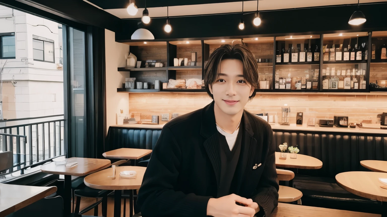 musician、A refreshing, handsome man in his 40s、（Super cool S-class guy）、Japanese Male, 30 years old、、Photographed inside the cafe、a handsome guy、（CG Unity 8K high resolution photo）、（Very detailedＳクラスのa handsome guy性）、（Realistic）、（highest quality））、Very detailed、super high quality、expensive、audience、kind person、Very beautiful hair　Perm Hair、Bright photo、Handsome like a model、Handsome like an idol、Looking at the camera、inside a stylish cafe