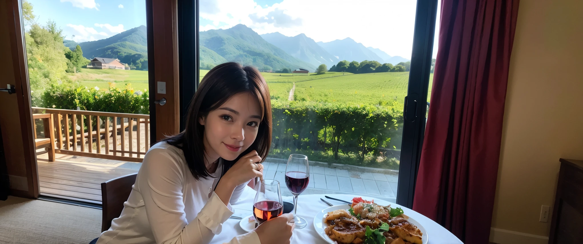 ((highest quality、8k、masterpiece:1.3))、Sharp focus:1.2、Beautiful woman perfect body:1.4、slimなボディ、((Bob Hale、Straight hair:1.2))、(to be born, highest quality, masterpiece:1.5), (Realistic, Intricate details:1.2), Ultra-high resolution, Please shine a light on my face、Amazing view of the sunset sky and clouds、Amazing mountain views、ニコニコ明るいsmile、wine glass、red wine 、Appetizers、Italian food、Wine bottle、Champagne、sparkling wine、, Beautiful Face, blue eyes, The light shines on your face, Blushing, short hair,Bright Face、Fox face、 (36 years old), 39 years old, Lady、Two beauties、Brown Hair、Shortcuts、Long sleeve shirt、dress、Pretty Woman 1, (slimな顔), (The body is slim), (Brown Hair), (Shortcuts), cheeks turn a little red,Attractive beauty、, Out of the window, A beautiful and detailed night view unfolds.........., restaurant, In a prominent place (From the waist up) Nova Frog Style, actress, model, Upper Body, White wine, slim, wine glass, 真ん中に置かれたwine glass, smile, (smile: 1.15), Beautiful fine grain, Depth f/2,saturation, High Contrast, Strong light and shadow,Moist Body:1.5、3D texture、Delicate eyes、Brown Hair、The hair is very shiny、