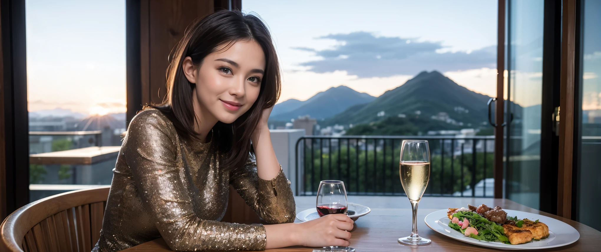 ((highest quality、8k、masterpiece:1.3))、Sharp focus:1.2、Beautiful woman perfect body:1.4、slimなボディ、((Bob Hale、Straight hair:1.2))、(to be born, highest quality, masterpiece:1.5), (Realistic, Intricate details:1.2), Ultra-high resolution, Please shine a light on my face、Amazing view of the sunset sky and clouds、Amazing mountain views、ニコニコ明るいsmile、wine glass、red wine 、Appetizers、Italian food、Wine bottle、Champagne、sparkling wine、, Beautiful Face, blue eyes, The light shines on your face, Blushing, short hair,Bright Face、Fox face、 (36 years old), 39 years old, Lady、Two beauties、Brown Hair、Shortcuts、Long sleeve shirt、dress、Pretty Woman 1, (slimな顔), (The body is slim), (Brown Hair), (Shortcuts), cheeks turn a little red,Attractive beauty、, Out of the window, A beautiful and detailed night view unfolds.........., restaurant, In a prominent place (From the waist up) Nova Frog Style, actress, model, Upper Body, White wine, slim, wine glass, 真ん中に置かれたwine glass, smile, (smile: 1.15), Beautiful fine grain, Depth f/2,saturation, High Contrast, Strong light and shadow,Moist Body:1.5、3D texture、Delicate eyes、Brown Hair、The hair is very shiny、