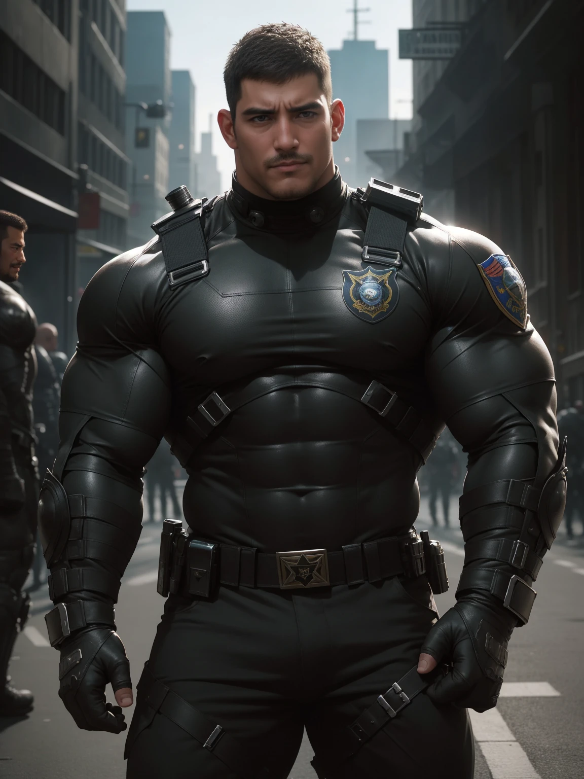 One Tall giant muscular police officer, Mechanical masks, Big Black Mask, on the street outdoors, Brown Superhero Bodysuit, The expression is arrogant, Lift your chin, Messy hair, Thick thighs, Brown Superhero Bodysuit, very tight, Regular symmetrical pattern, Highlight muscles, Police uniform pants, character concept（Resident Evil - Chris Redfield, Chris Redfield）A proud expression, Deep and charming eyes, Heroic male pose, tall Burly, muscular！muscular thighs, tough guy, perfect facial features, High, Burly, Heqiang, Super Buff and Coolness, High Resolution Committee, Charismatic strongman, The sun is blazing, dazzling