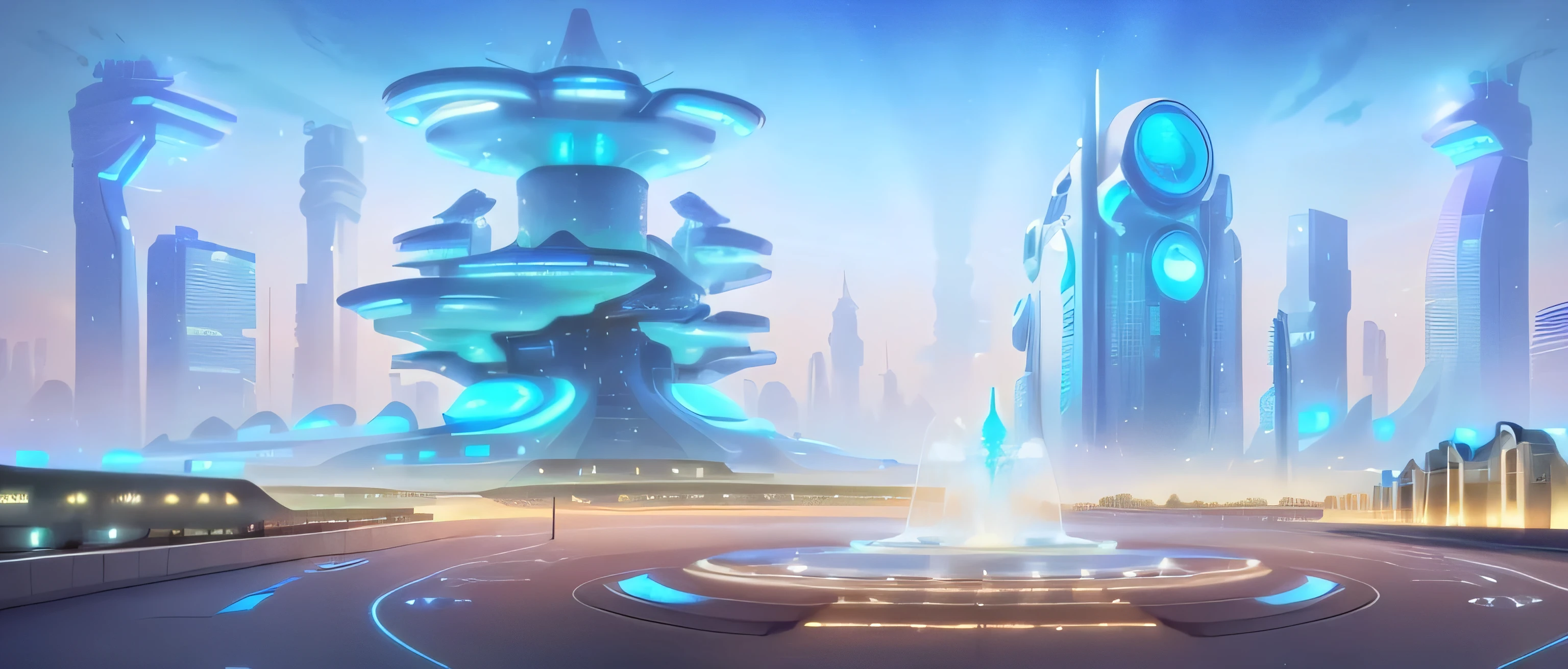 futuristic city with a fountain in the middle of a road, futuristic city backdrop, futuristic city in background, futuristic setting, futuristic city scape, futuristic landscape, futuristic cityscape, futuristic city backgrond, Future Environment, Future Utopian City, hyper-futuristic city, futuristic city, futuristic palace, City of the Future, futuristic city background, Future Spaceport, The metropolis of the future