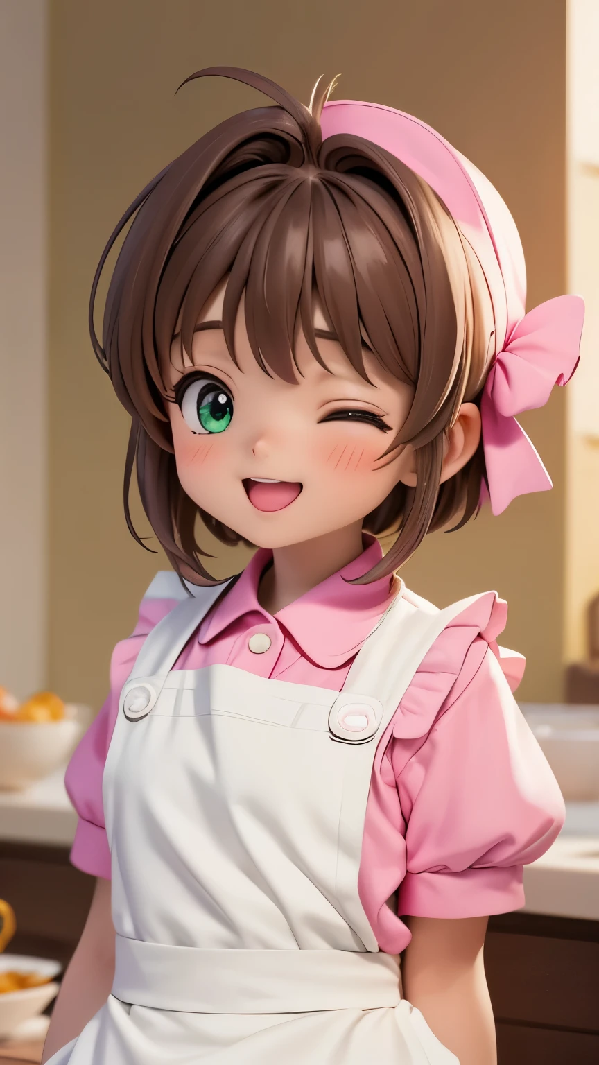 1girl，***********，Q version，Sakura Kinomoto，Short brown hair，Green pupils，Laugh out loud，Close your eyes，pink apron，White clothes，Upper Body，Highest quality，Ultra HD，(Details)，(masterpiece)，(best quality),(Light Layer)