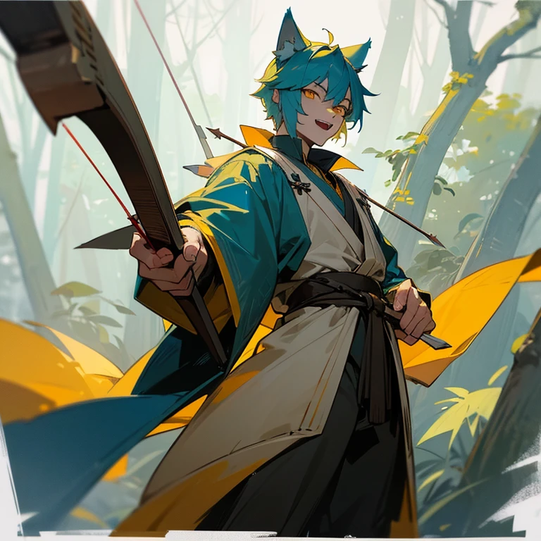 A tall, handsome man with wolf ears on his head, yellow eyes, short blue hair, and fangs. in the forest,Has a wolf's tail, is wearing traditional clothing, and looks like he's about to shoot an arrow.