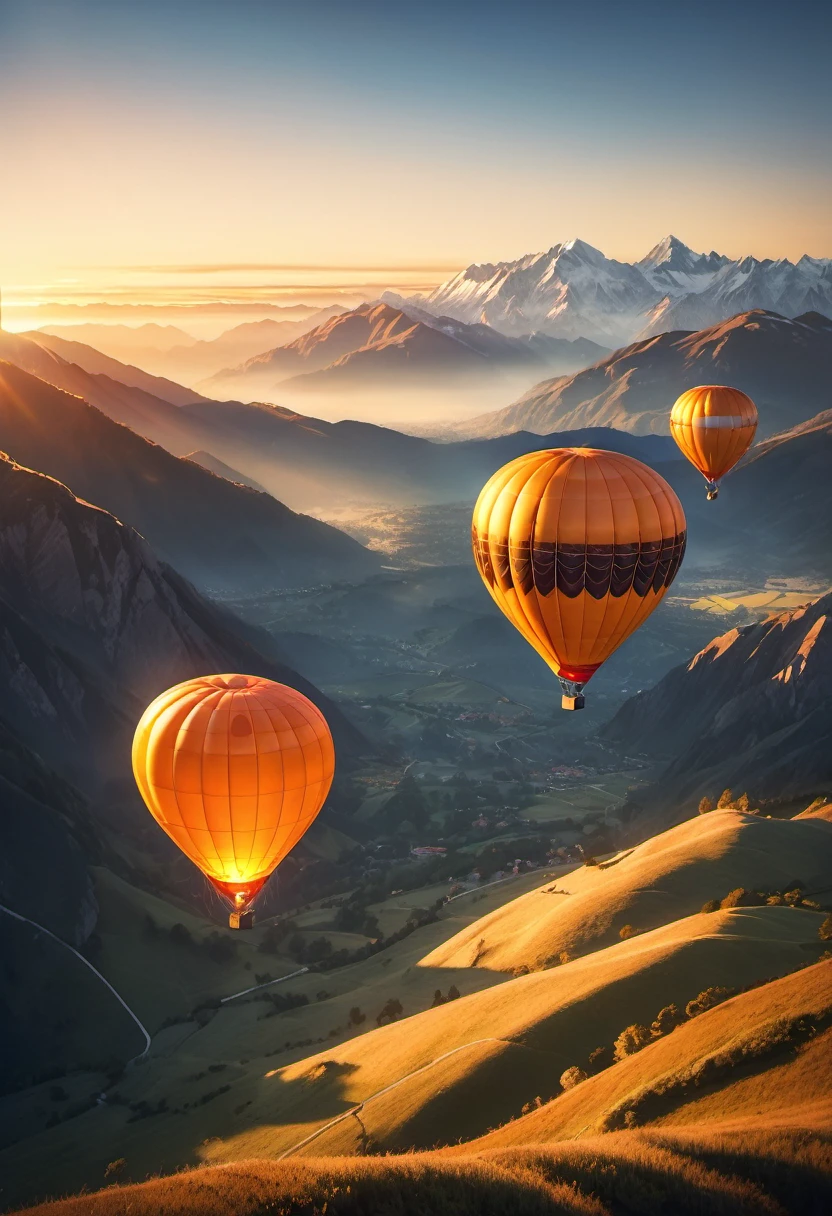 A couple of hot air balloons floats towards the sunrise, the sun appears behind a group of high mountains, orange light, muystic morning atmosphere, cinematic lighting, ray tracing, motion lines, Canon, Wide-Angle, lens flare, highres, best quality, masterpiece