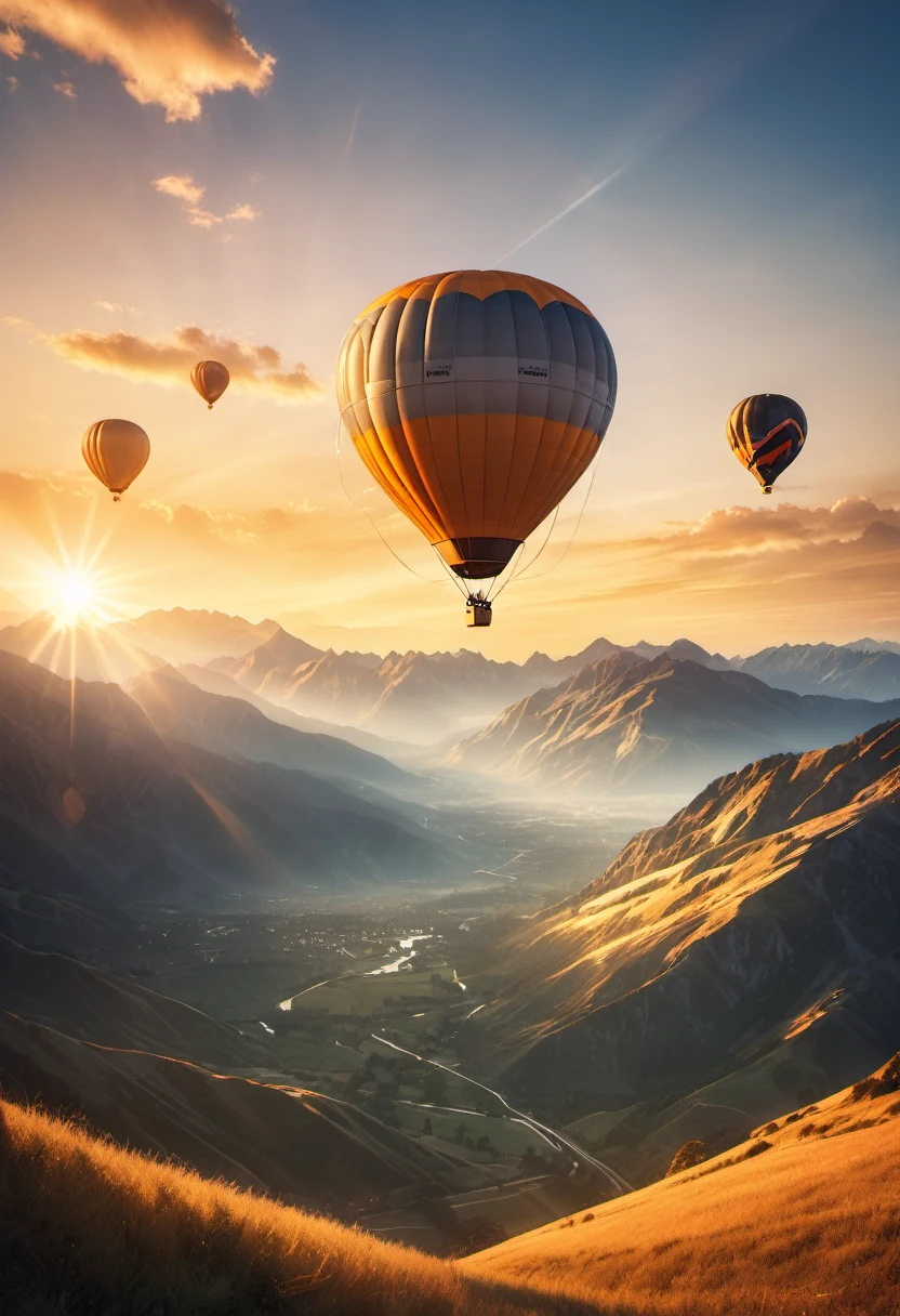 A couple of hot air balloons floats towards the sunrise, the sun appears behind a group of high mountains, orange light, muystic morning atmosphere, cinematic lighting, ray tracing, motion lines, Canon, Wide-Angle, lens flare, highres, best quality, masterpiece