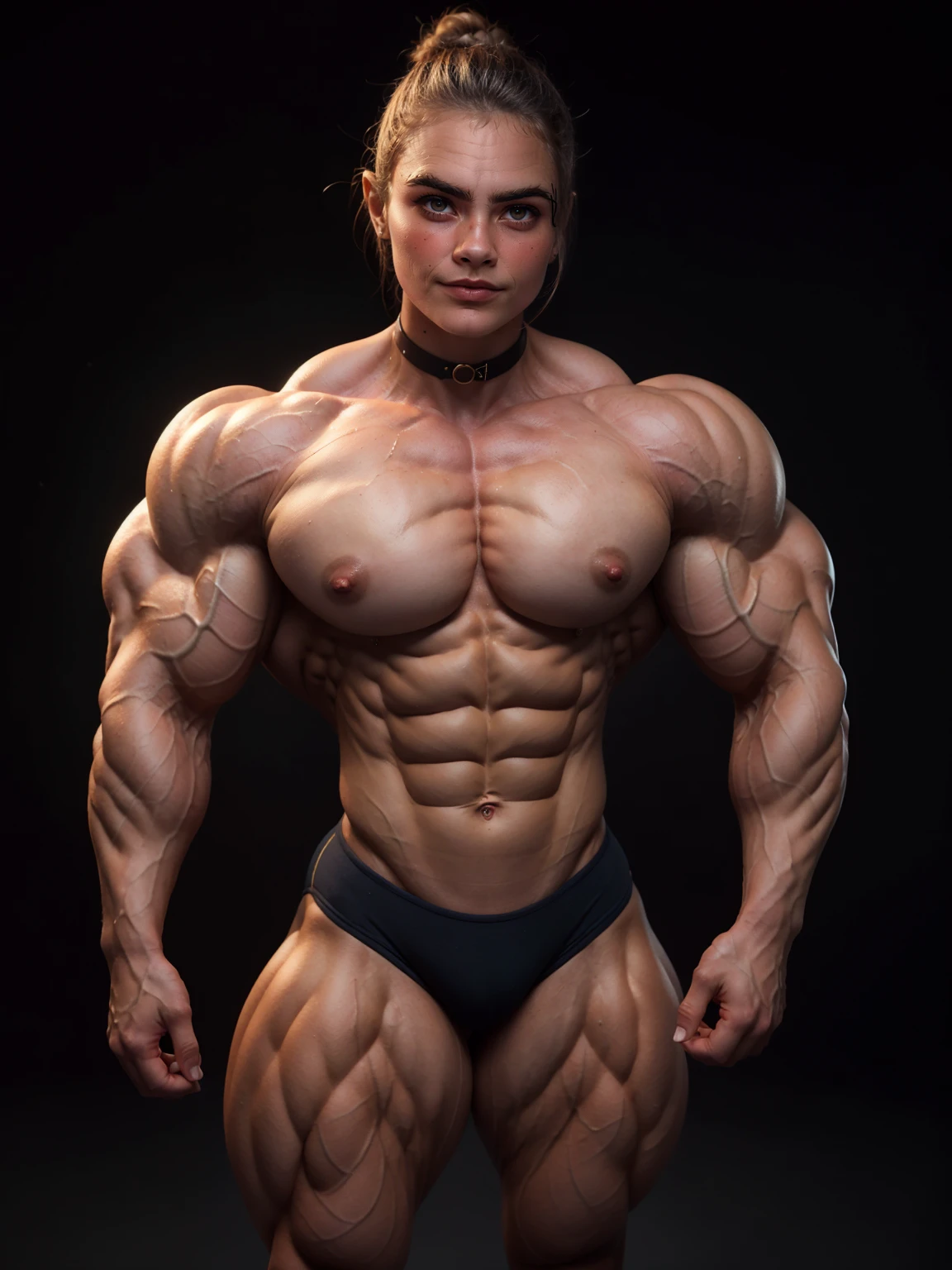 (1 girl), (cara delevingne:1.25), ((wide shoulders:1.25)), (a naked Bodybuilder woman with oiled muscular physique:1.25), (ten pack abs:1.5), (full body view:1.25), ((large muscular veiny pecs:1.25)), choker, (sculpted muscles:1.25), detailed eyes, (muscular body:1.25), (looking at viewer), (smile:1.25), (blank dark background:1.5), in the art style of peter mohrbacher