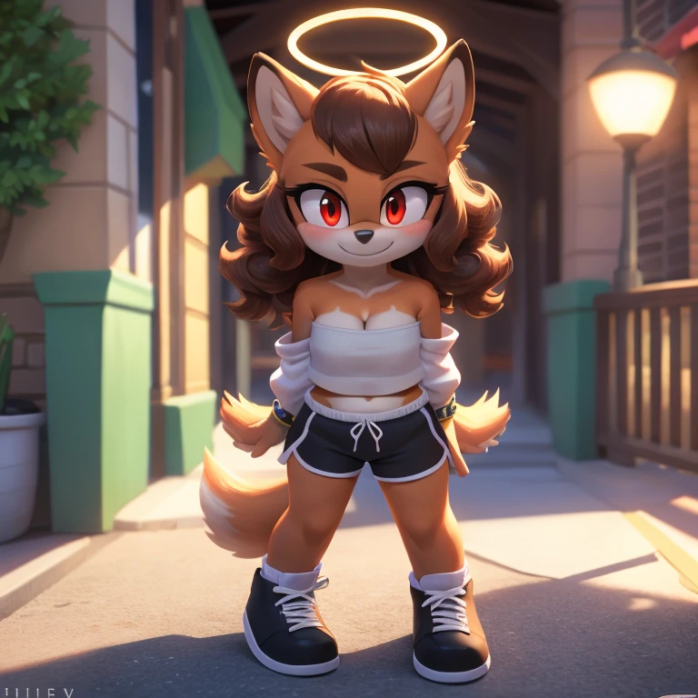 mobian, hedgehog, two-tone fur ((orange fur, brown fur)), pyjama elastic shorts, strapless crop top, cleavage, high-top sneakers, two-tone hair (brown hair, black tip)), curly hair, halo, sunglasses, jewelry, red eyes, longeyelashes, red eyes, smile, shy, blush, high detail, masterpiece, UHD, anatomically correct, super detail, highres, 4K