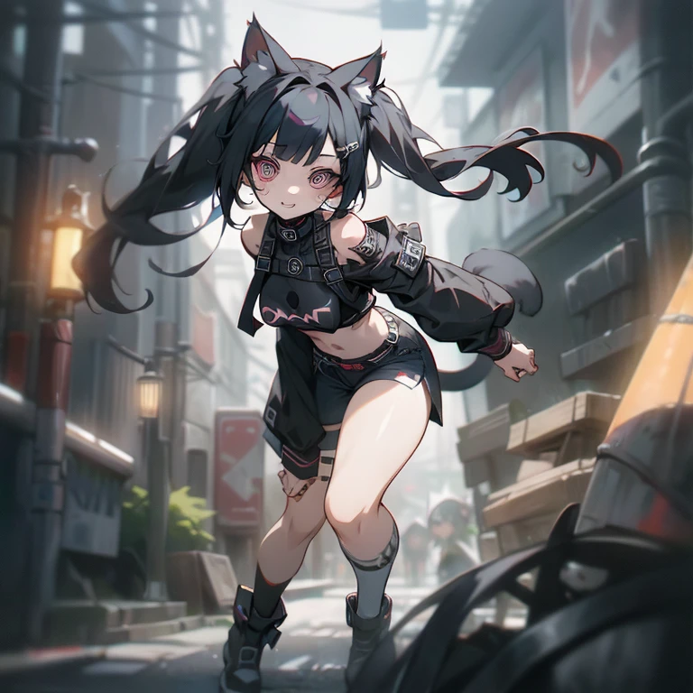 8k,wallpaper of extremely detailed CG unit, ​masterpiece,hight resolution,top-quality,top-quality real texture skin,hyper realisitic,increase the resolution,RAW photos,best qualtiy,highly detailed,the wallpaper, BREAK ,solo,1girl,cute,kawaii,evil smile,hair floating,hair messy,black hair,long hair,twin tails hair,pale skin,skin color blue,eyes are red,red eyes shining,big eyes,ripped clothes,tight tube top,breast,tight hot pants,dynamic pose,dynamic angle,stomach shown,punk fashion,(black ear of cat:1.4),outside,noisy city,backstreet,narrow street,street lights,[chibi],full body,[cat tail]