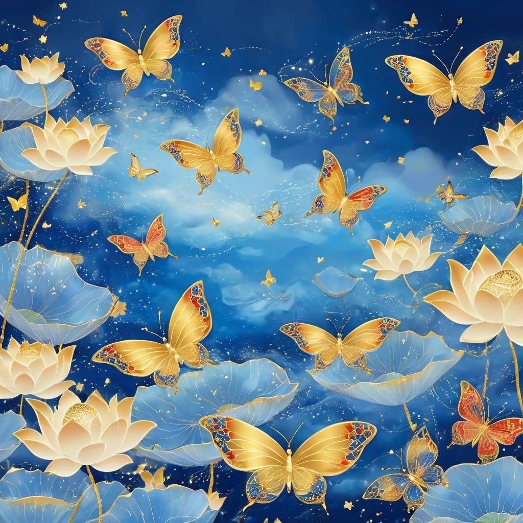 Dunhuang art style illustration,Many golden and blue butterflies surrounded by auspicious clouds，Transparent diamond wings,Magnificent ,（Blue butterfly shining with starlight：1.36） Flying in the lotus pond ,extremely delicate brushstrokes, Soft and smooth, Chinese Red and Indigo, Golden background