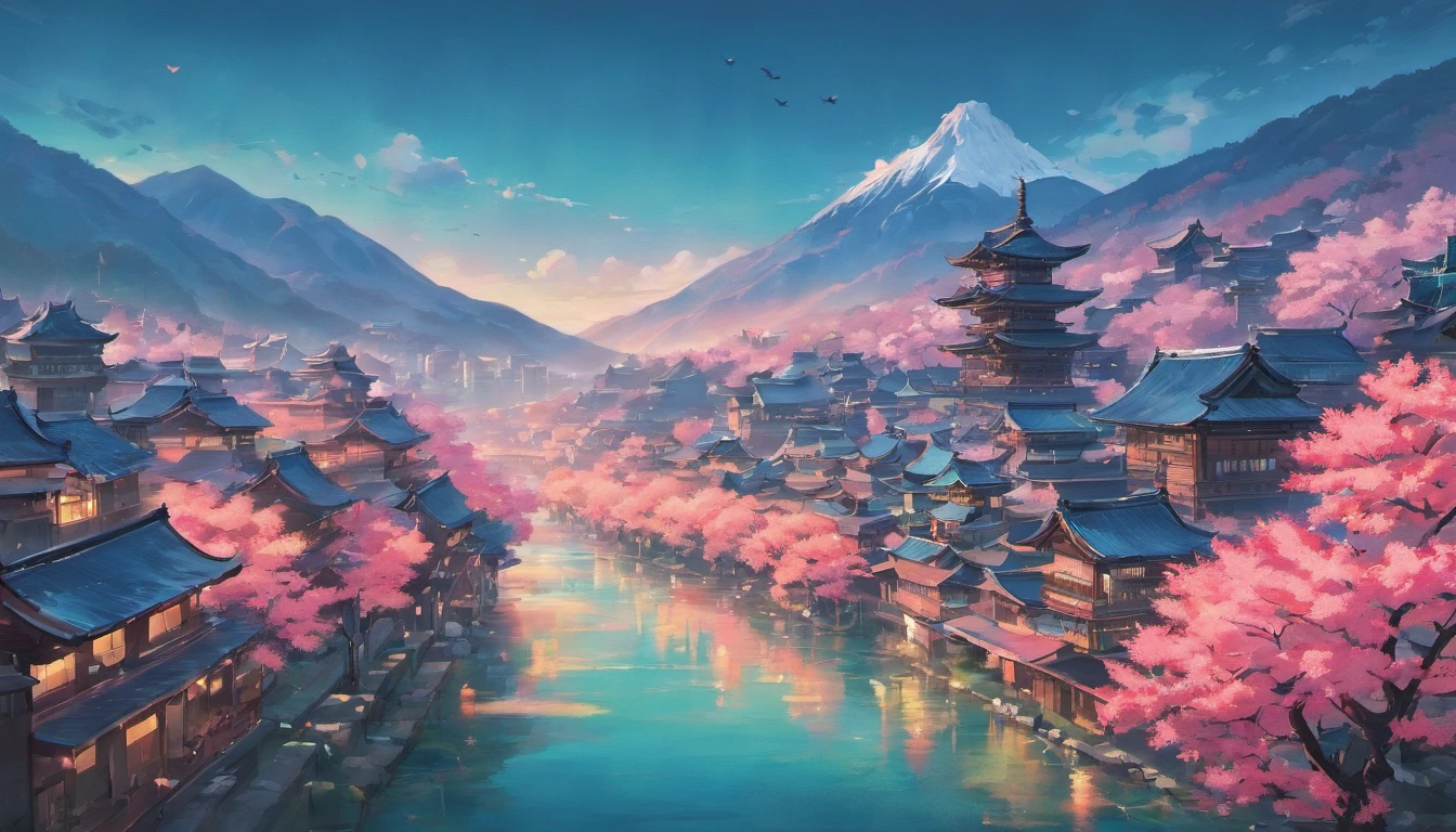 Poster with Japan buildings and mountains in the background, Light teal and dark pink style, Traditionalなアニメーション, trip, layered imagery, Traditional, Vintage images, Cherry Blossom