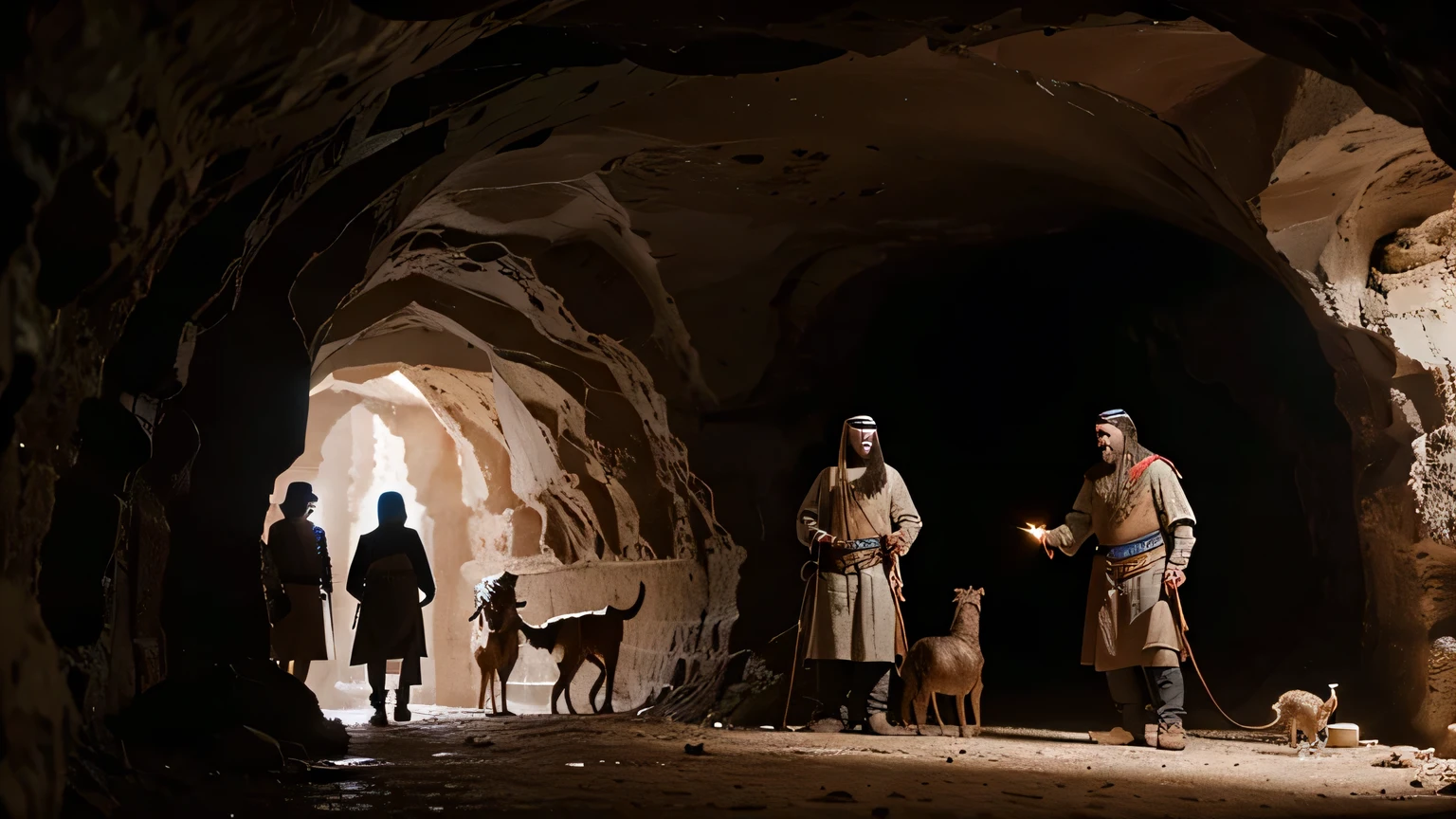 arabic 310 ad, In a cave, 4 men and a guard dog are talking. ultra realistic hd