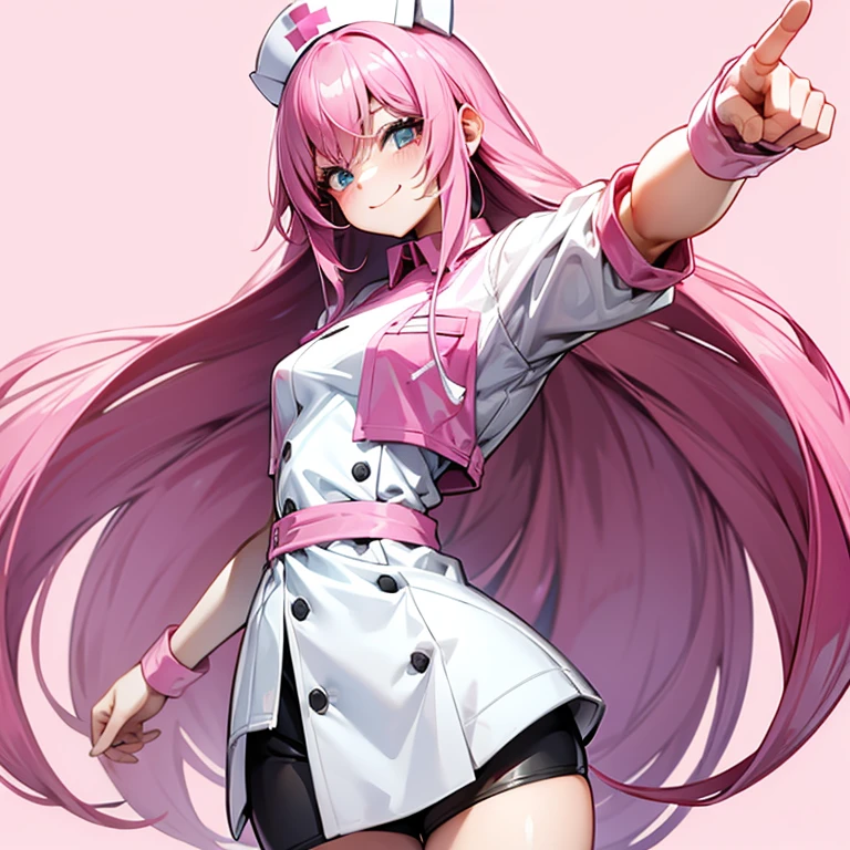 Pink,Long hair,Nurse,Blank Background,Smiley Face,Put your hands behind your back