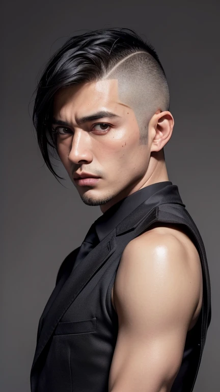 (highest quality, 8K,masterpiece, High resolution:1.4), (Realistic, RAW Photos:1.2), (Photographic images:1.4),(Real life action:1.3)(alone), (male:1.5), (Asian:1.7), Modeled, (good looking:1.3), (Big eyes:1.3 ),(dark blown eyes:1.2),Shoot from the front,(50 years old), (black hair:1.3), (short hair:1.2、The hair on the left side is shaved:1.3), (Black suit:1.3), Midnight,(office)