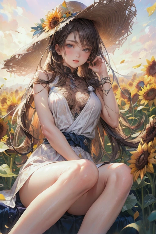 masterpiece:1.2, 8k, photorealistic:1.37, cute girl,  sparkling eyes, shining lips, beautiful detailed eyes, beautiful detailed lips, long eyelashes, flowing hair, joyful expression, vibrant dress, sitting on a grassy field, surrounded by colorful sunflowers:1.2, wearing a stylish hat, a warm and sunny day, soft natural lighting, vivid colors, medium: oil painting, ultra-detailed, realistic, bokeh, dynamic action,