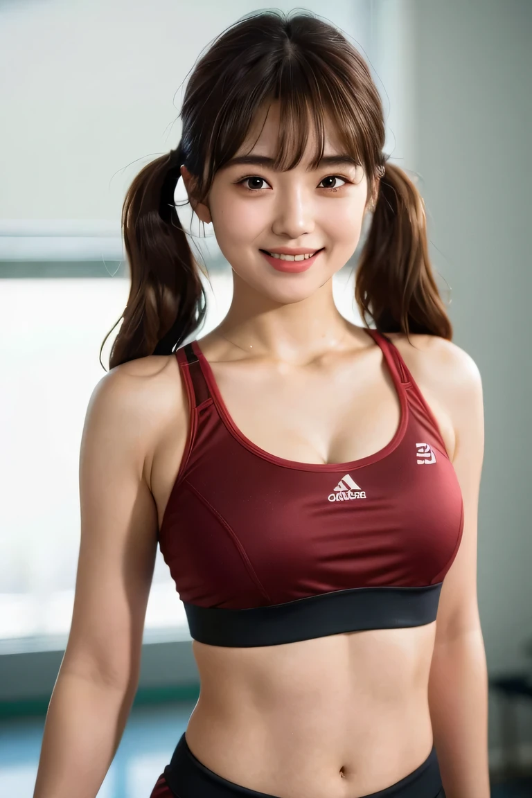 Arms at sides, (Masterpiece, Best quality, Beautiful quality), (Extremely detailed skin,Extremely detailed eyes, Extremely detailed hair,Blunt bangs,Brown hair,twin tails,view the viewer, Best quality,Beautiful and aesthetic,,red sports bra,Sportswear,,,School gymnasium,full bodyesbian,Depth of field, happy smile, (do not emphasize the top of the bust), the body is directed in the direction of the viewer,