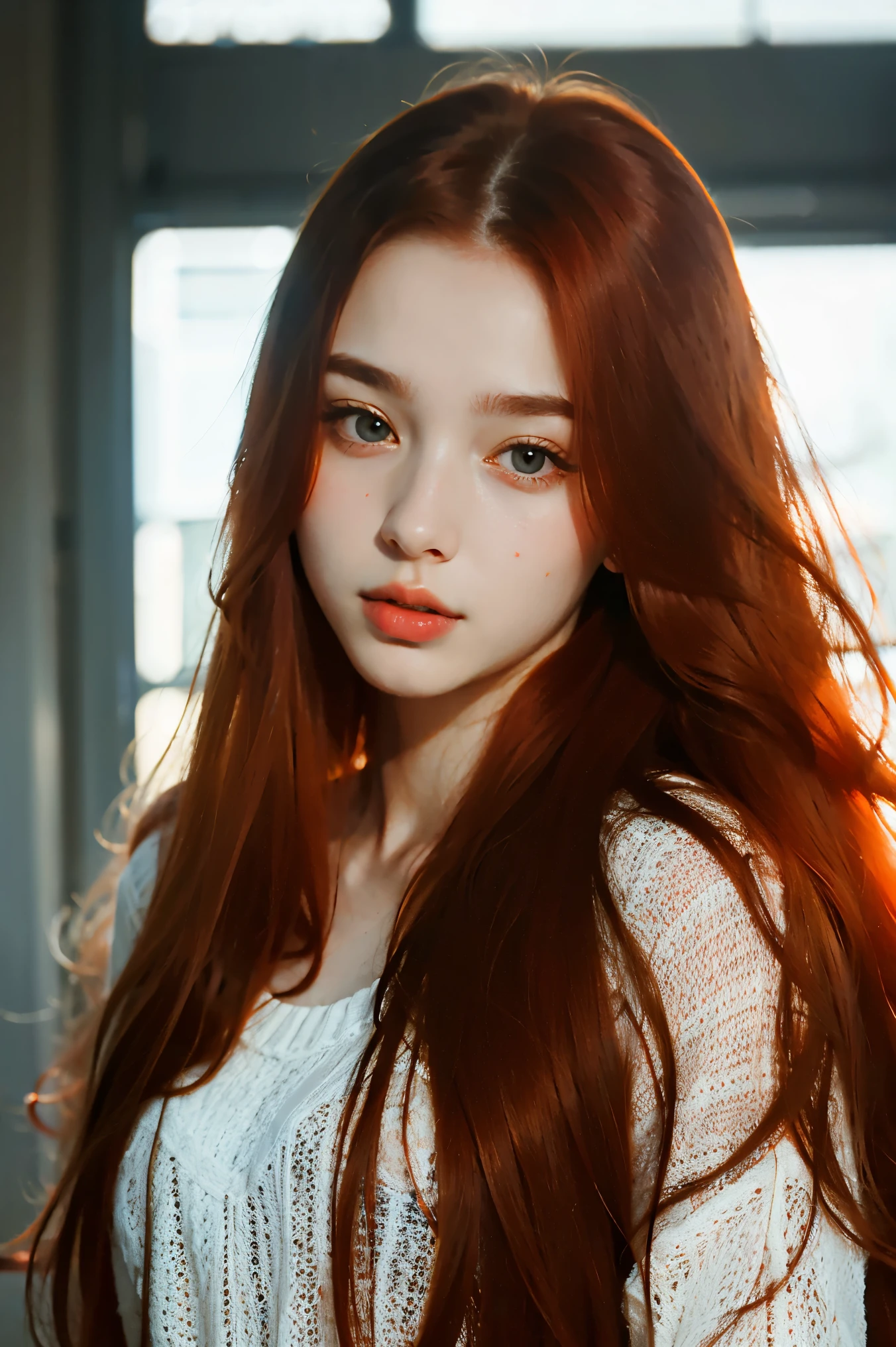 solo, very detailed, detailed face, very long hair, picture of a beautiful young woman, dasha_taran, sfw, ((redhaired))