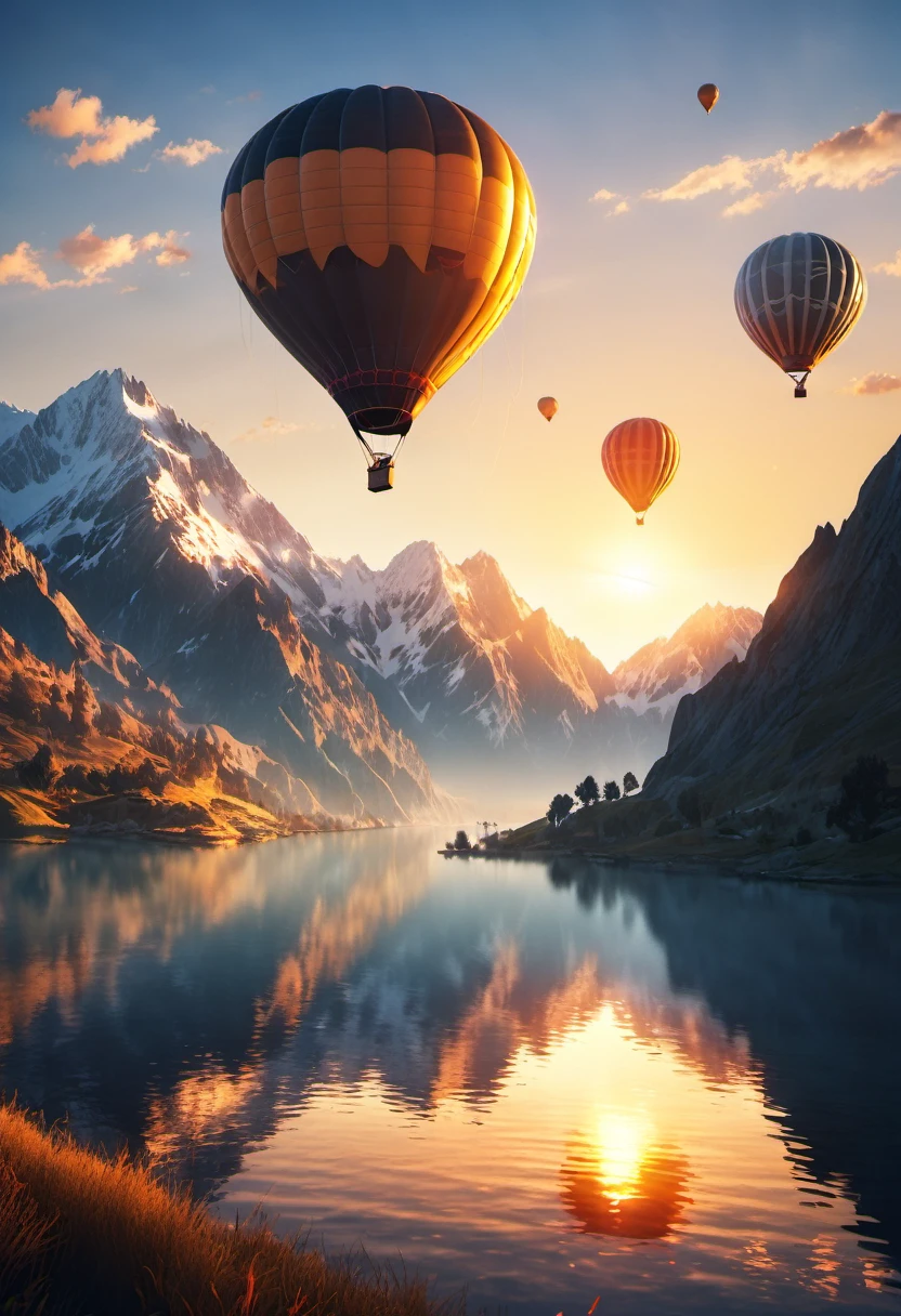 A couple of hot air balloons floats towards the sunrise, the sun appears behind a group of high mountains, orange light, muystic morning atmosphere, cinematic lighting, ray tracing, motion lines, Canon, Wide-Angle, lens flare, highres, best quality, masterpiece