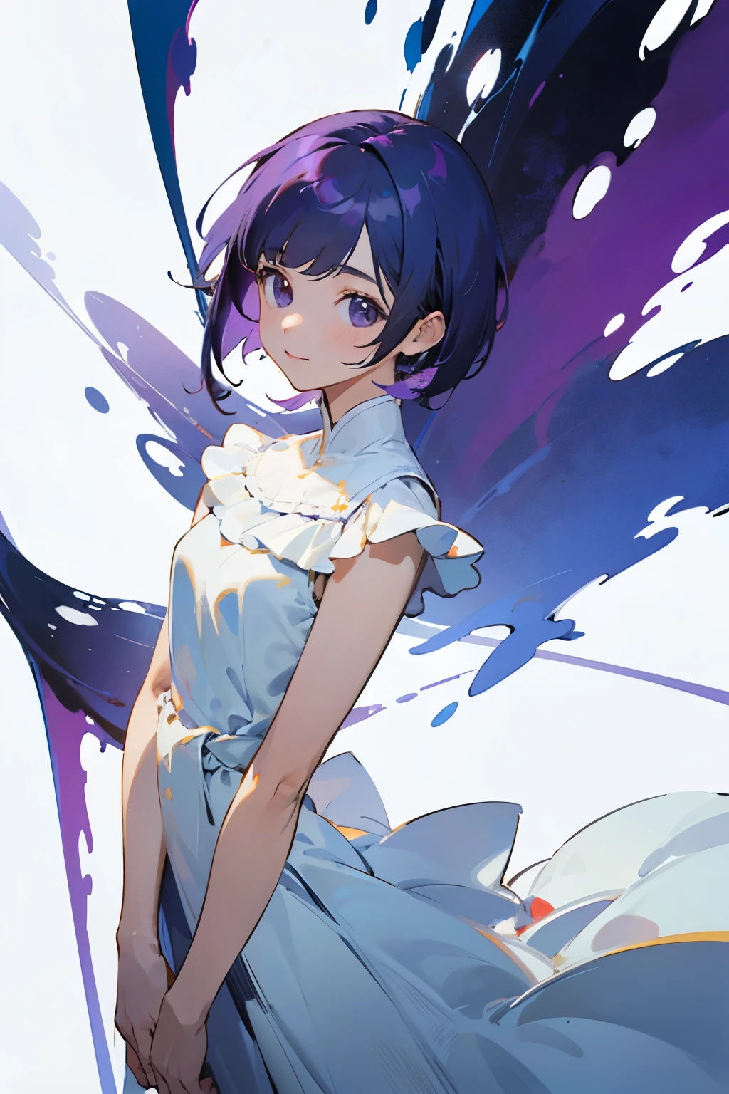 Purple short-haired girl in a white dress, Solid color background, Ultra-high quality, 8k