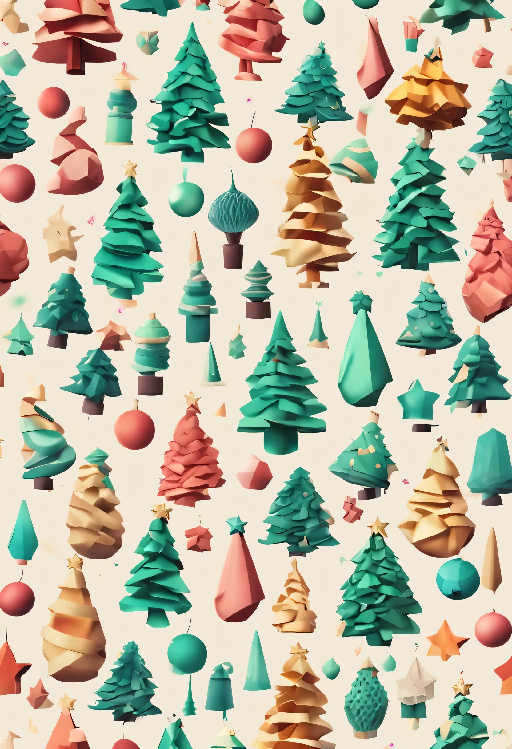 3d vector set of Christmas tree icons in the style of atey ghailan, mixes realisitic and fantastical elements, candy core realistic and hyper-detailed renderings, low poly, soft muted color palette, watercolor isolate on white