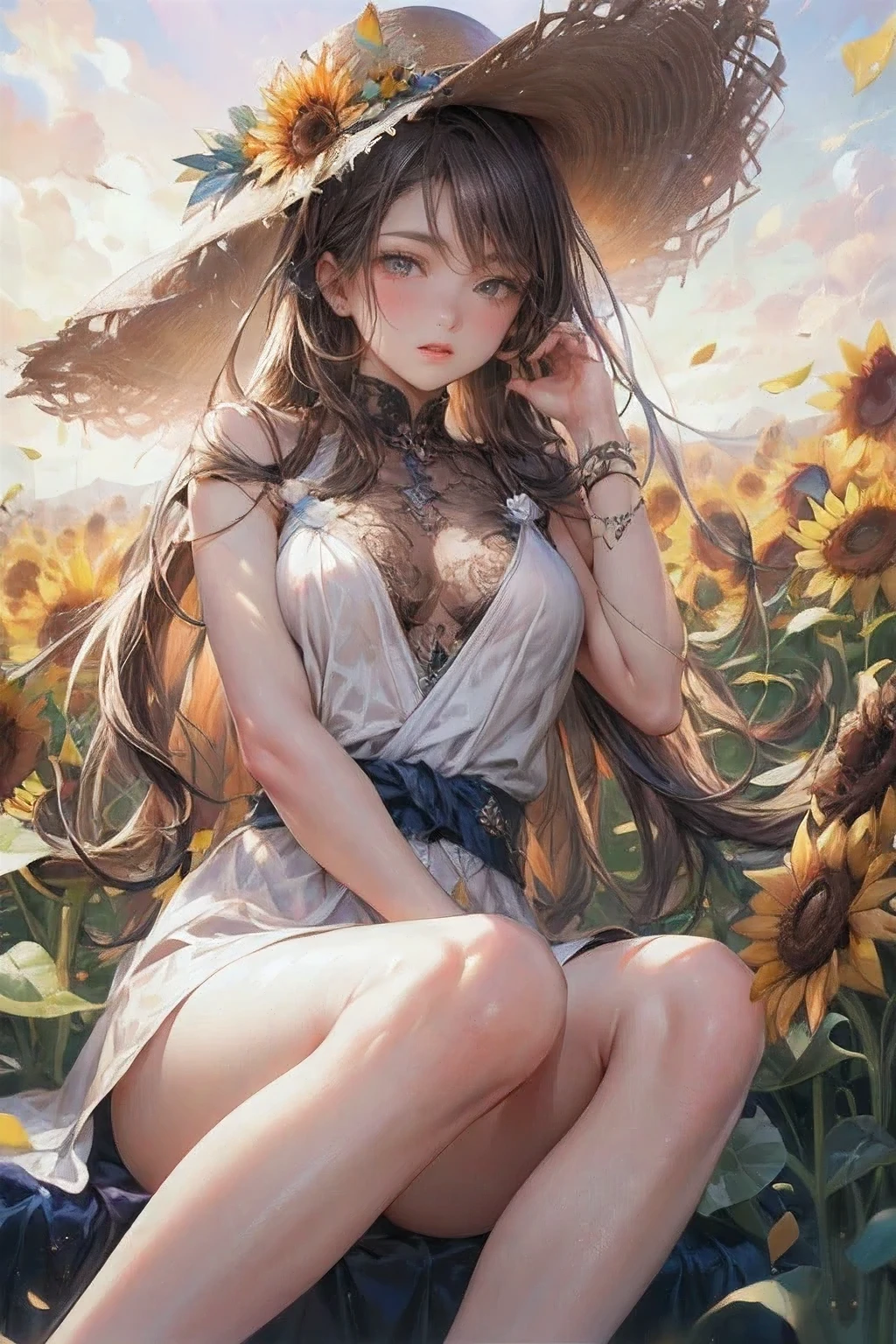 cute girl, standing,  (field of rapeseed flowers spread out under the rows of cherry blossom trees in full bloom:1.4), masterpiece:1.4, best quality:1.4, 8k, CG, photorealistic:1.37, beautiful ultra-delicate (hair, eyes, face, hands), long straight black hair, flowing hair, beautiful detailed fluffly crop top(under boob:1.2), beautiful detailed fluffly pure white dress skirt(show panties:1.2), (dutch angle:1.2), high heels, side view, wide eyes, ultra delicate pupils, bright eyes, shining eyes