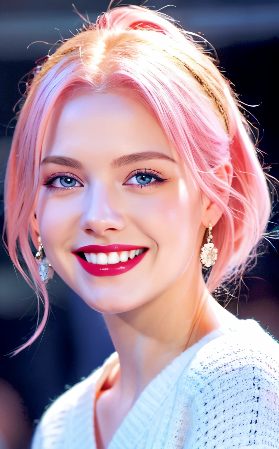 highest quality, Ultra-high resolution, (Realistic:1.4), (Detailed beautiful girl:1.4), (Medium chest:0.8), Looking_in_Audience, Detailed facial details, Beautiful fine details,Pink Hair, blue eyes, thin, An unforgettable smile, (compensate:0.3), Red lips, Very fine clothing, (Ulzzang-6500-v1.1:0.3) 