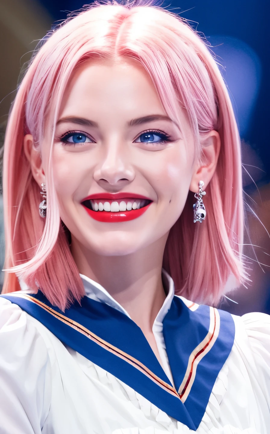 highest quality, Ultra-high resolution, (Realistic:1.4), (Detailed beautiful girl:1.4), (Medium chest:0.8), Looking_in_Audience, Detailed facial details, Beautiful fine details,Pink Hair, blue eyes, thin, An unforgettable smile, (compensate:0.3), Red lips, Very fine clothing, (Ulzzang-6500-v1.1:0.3) 