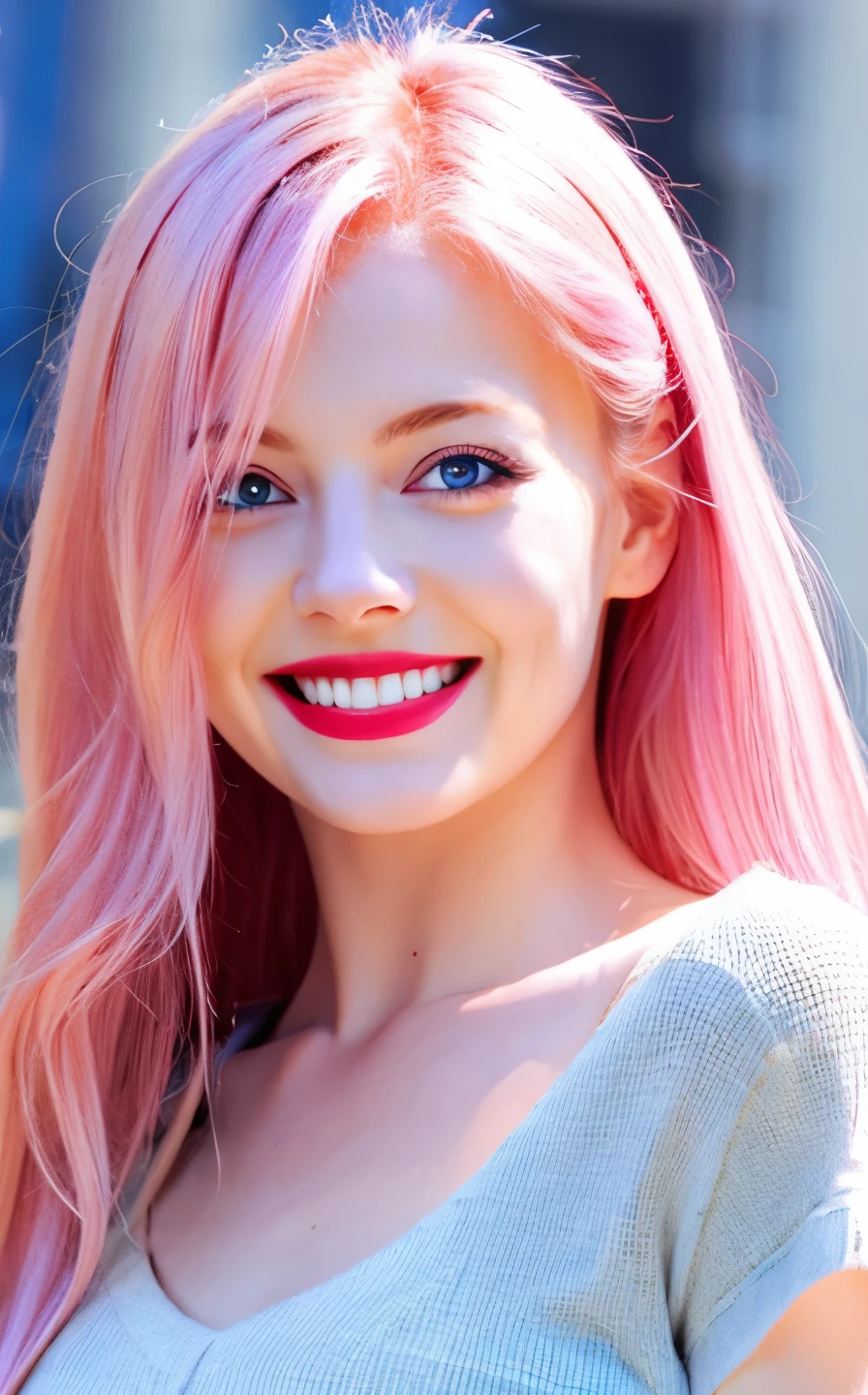 highest quality, Ultra-high resolution, (Realistic:1.4), (Detailed beautiful girl:1.4), (Medium chest:0.8), Looking_in_Audience, Detailed facial details, Beautiful fine details,Pink Hair, blue eyes, thin, An unforgettable smile, (compensate:0.3), Red lips, Very fine clothing, (Ulzzang-6500-v1.1:0.3)