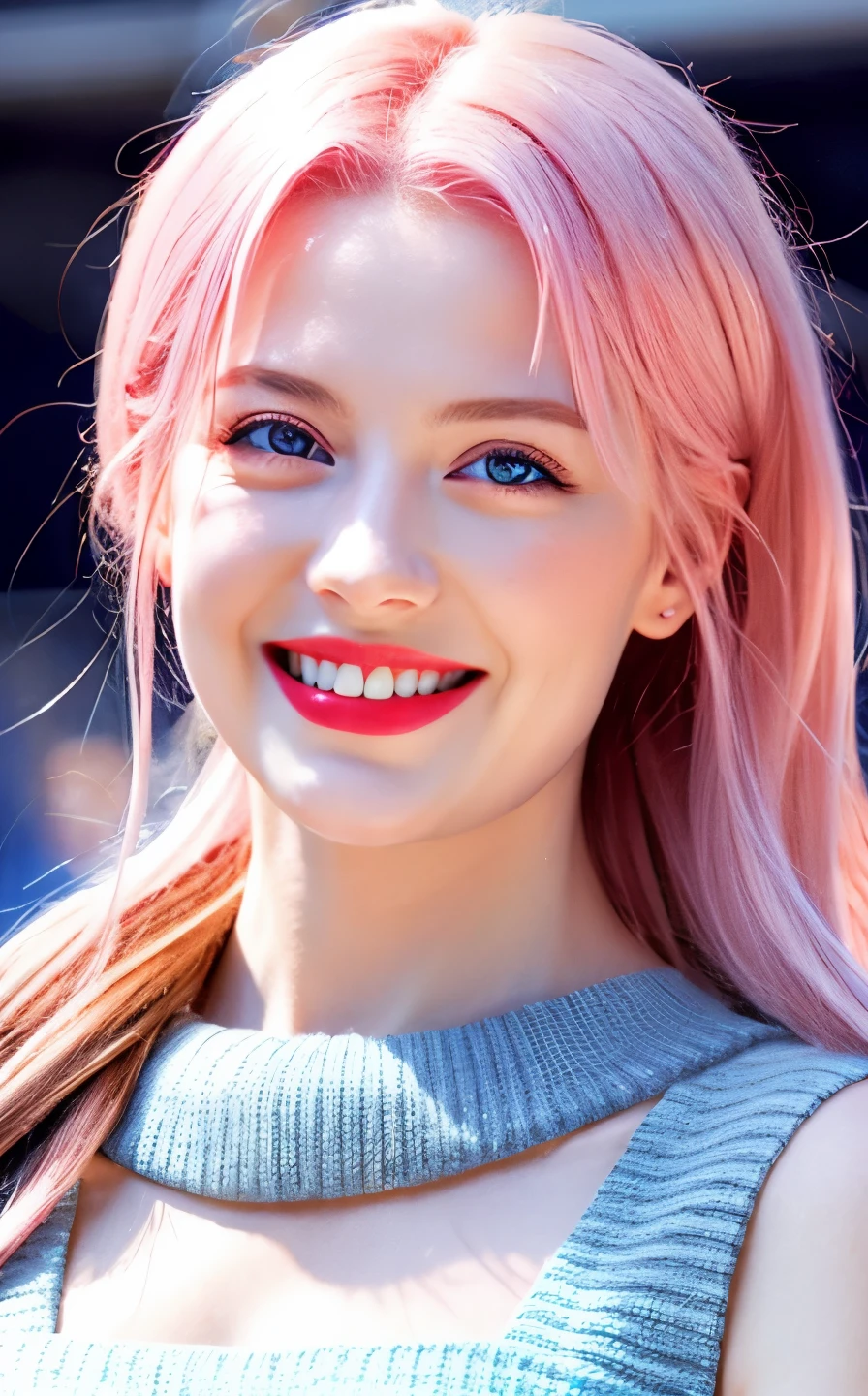 highest quality, Ultra-high resolution, (Realistic:1.4), (Detailed beautiful girl:1.4), (Medium chest:0.8), Looking_in_Audience, Detailed facial details, Beautiful fine details,Pink Hair, blue eyes, thin, An unforgettable smile, (compensate:0.3), Red lips, Very fine clothing, (Ulzzang-6500-v1.1:0.3)