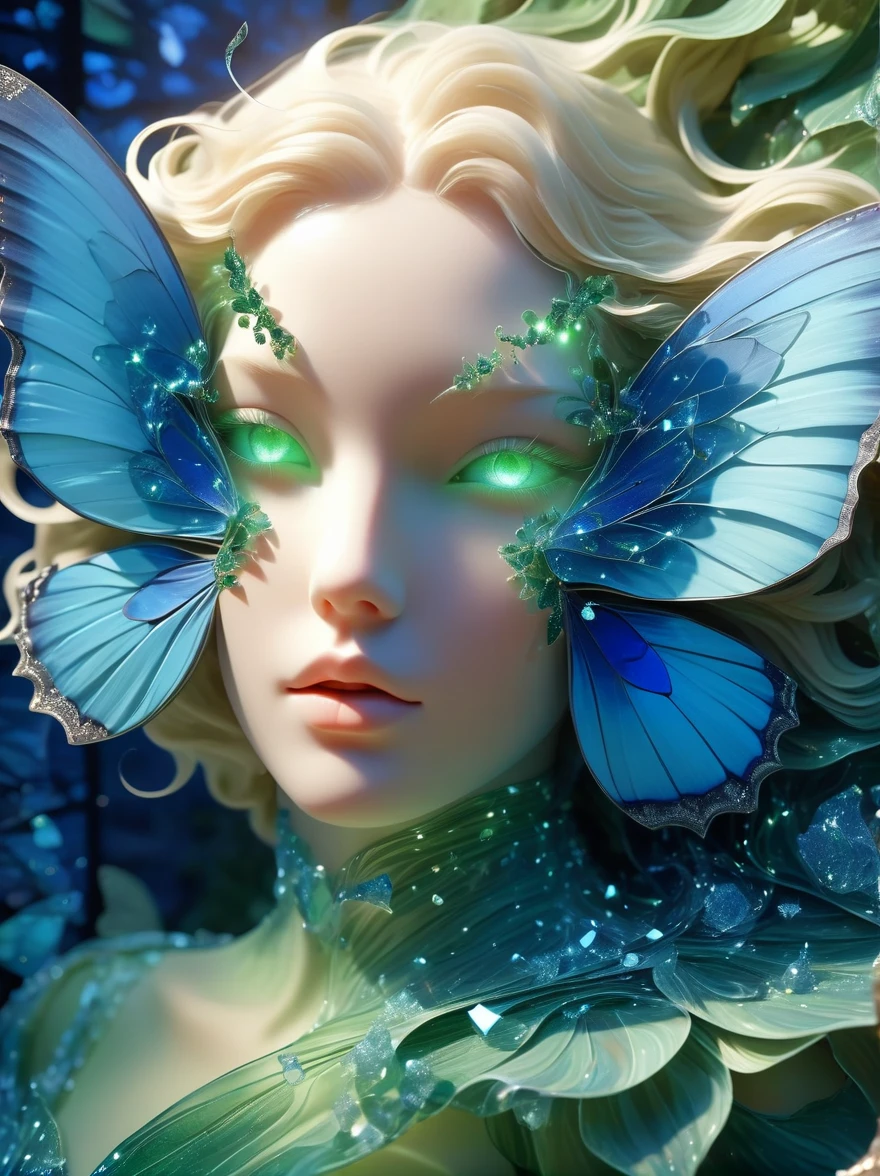 high resolution, Ultra Detailed, (1 blue butterfly:1.6), (lotus),Dynamic light wavesBREAKSunlight, reverberation, Experimental photography, Surreal contrasts, Eye-Catching Visuals, Artistic abstraction,Breaking the art of cutting, Layered Outlines, complex pattern, exquisite craft, shadow play, Depth and size, creative expression, break art, Frozen sculpture, translucent形式, short-lived beauty, Crystal structure, exquisite craft, touching, Breaking Green Eyes,Body Glow,glowing lines,Fluorescence,Glow Example,Sample trace,flash,萤Light Particles,Backlight,translucent,Light Particles