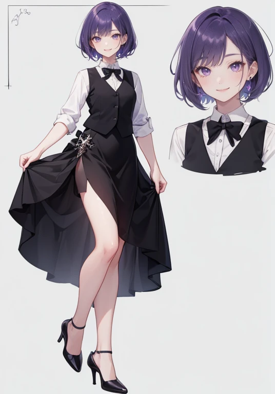((Perfect Face)),Purple Hair,short hair,1 female,A shirt with rolled up sleeves,,Black vest,skirt,slit,High heels,((Simple light color background)),((smile)),((Full Body)),((full body)),Portraits,Character Sheet,upright,expensive