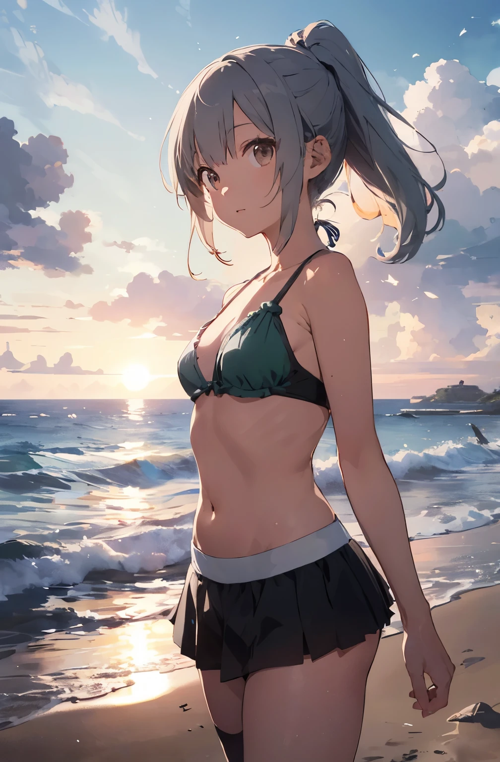 Silver-haired girl drawn in high resolution Japanese anime style、Standing alone on the white sand beach of a deserted island。She is wearing a gorgeous pink bikini.、Her hair is in a ponytail that sparkles in the light..。The sea in the background shines emerald green..、The beach is littered with shells and pebbles.、hour々、Small waves gently wash up on the shore。熱帯のwood々Swaying in the Wind、Mr..々Among the branches々Birds are singing..。wood々Colorful flowers bloom profusely、The entire island is filled with abundant nature..。On the horizon of a distant sea、The setting sun casts a beautiful orange glow over the ocean.、It gives the whole place an air of mystery..。、Wakame seaweed、Wakame seaweed、Wakame seaweed、Wakame seaweed、Wakame seaweed、Wakame seaweed、