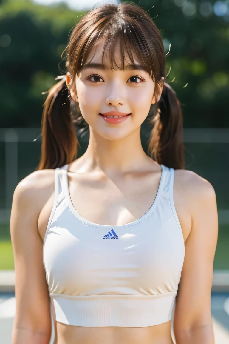 Arms at sides, (Masterpiece, Best quality, Beautiful quality), (Extremely detailed skin,Extremely detailed eyes, Extremely detailed hair,Blunt bangs,Brown hair,twin tails,view the viewer, Best quality,Beautiful and aesthetic,,white_pink sports bra,Sportswear,,,School gymnasium,full bodyesbian,Depth of field, happy smile, (do not emphasize the top of the bust), the body is directed in the direction of the viewer,