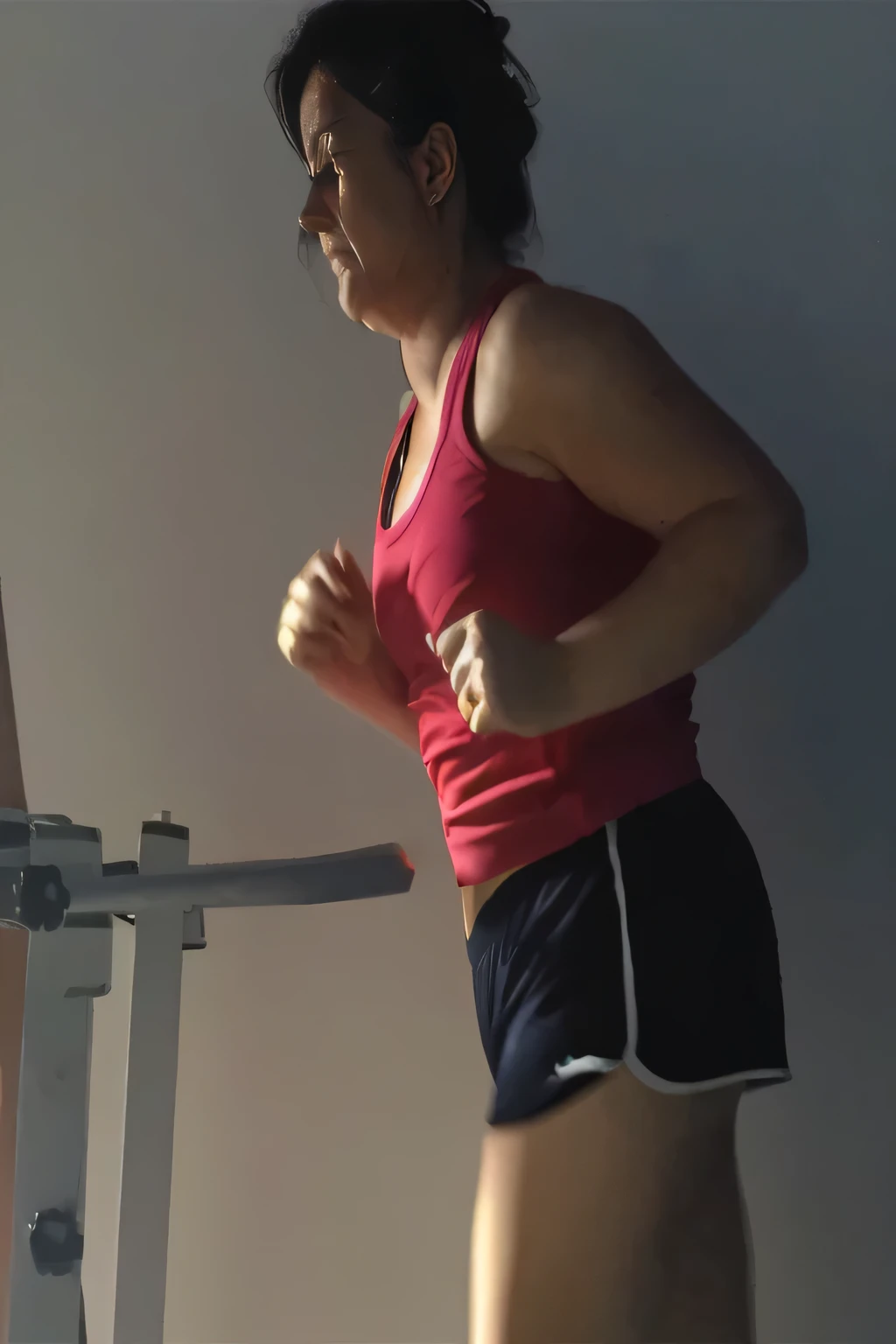 woman running on a treadmill in a gym room, working out, trapped on a hedonic treadmill, running pose, running fast towards the camera, girl is running, sweating hard, sweating, running towards camera, hedonic treadmill, girl running, sweating intensely, running towards the camera, in a gym, shoulder in front pose, dynamic active running pose
