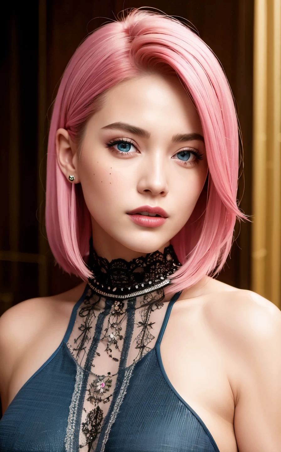 highest quality, Ultra-high resolution, (Realistic:1.4), (Detailed beautiful girl:1.4), (Medium chest:0.8), Looking_in_Audience, Detailed facial details, Beautiful fine details,Pink Hair, blue eyes, thin, An unforgettable smile, (compensate:0.3), Red lips, Very fine clothing, (Ulzzang-6500-v1.1:0.3) 