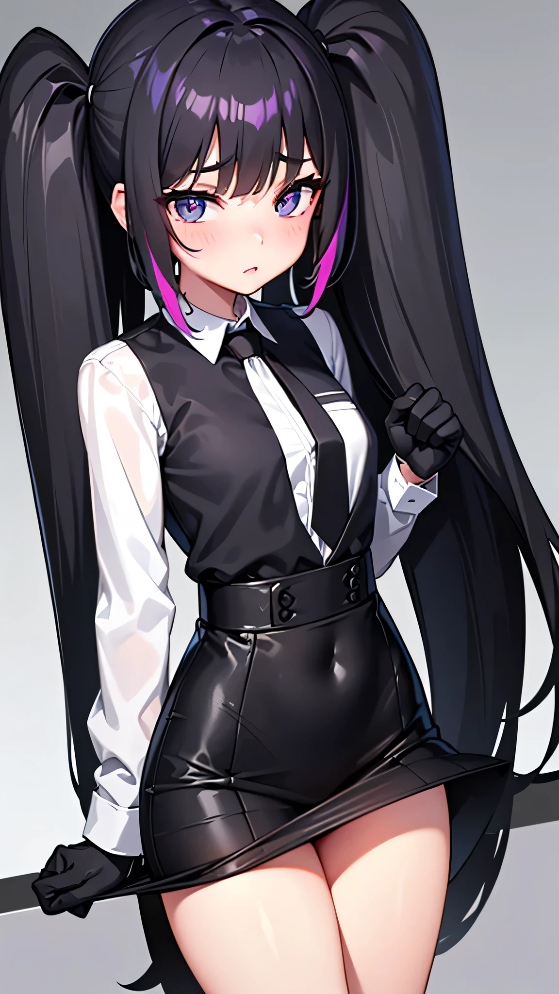 -yeld giso cute,Wear a white shirt and a black work tie,Wear black pants,Wear black boots,Wear white gloves,Black eyes,Black hair,blush,Very colorful,,Very thin legs,Very thin waist,Close-up photo