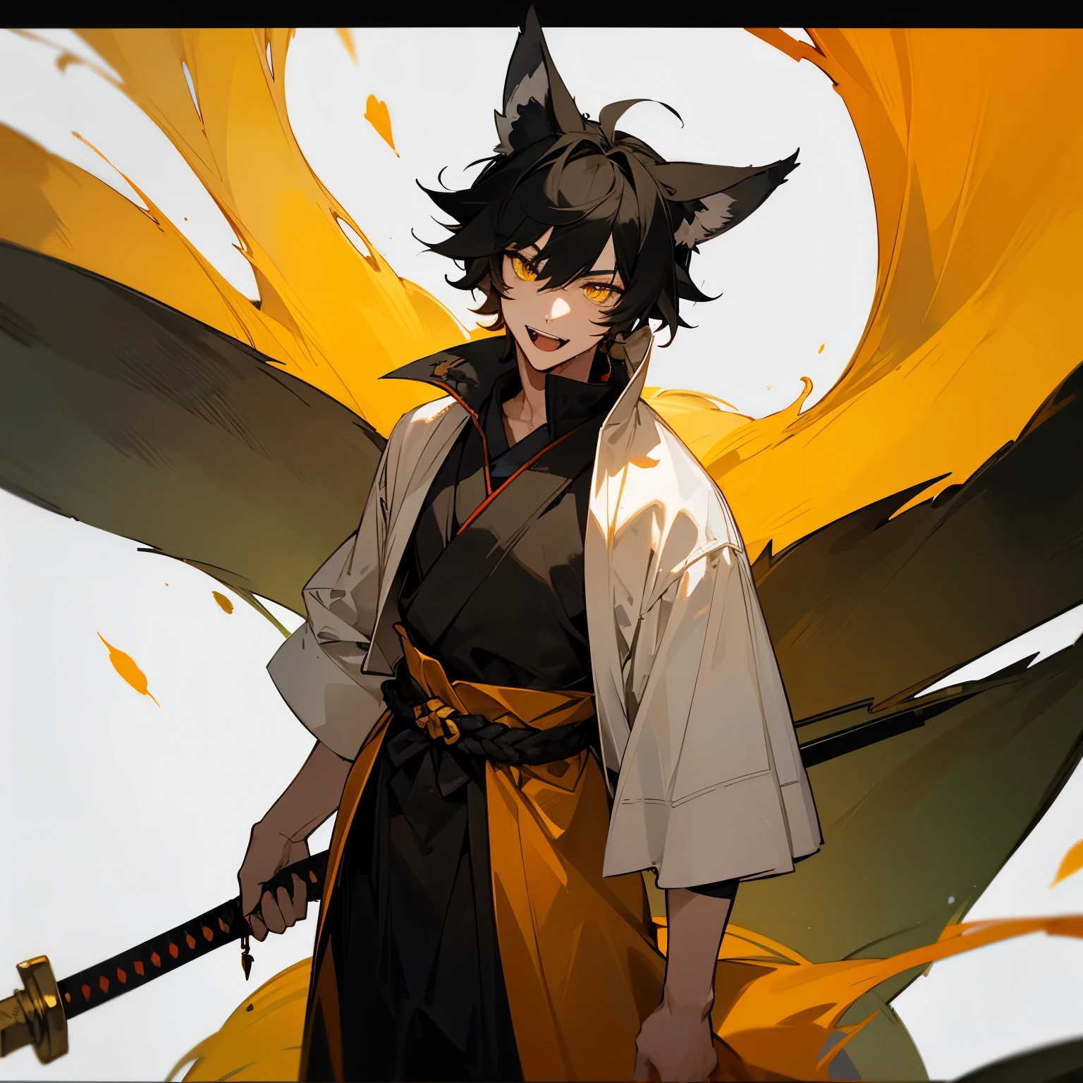 A tall, handsome man with fox ears on his head, yellow eyes, short black hair, and fangs. in the forest,Has a fox's tail, is wearing traditional clothing, and sword