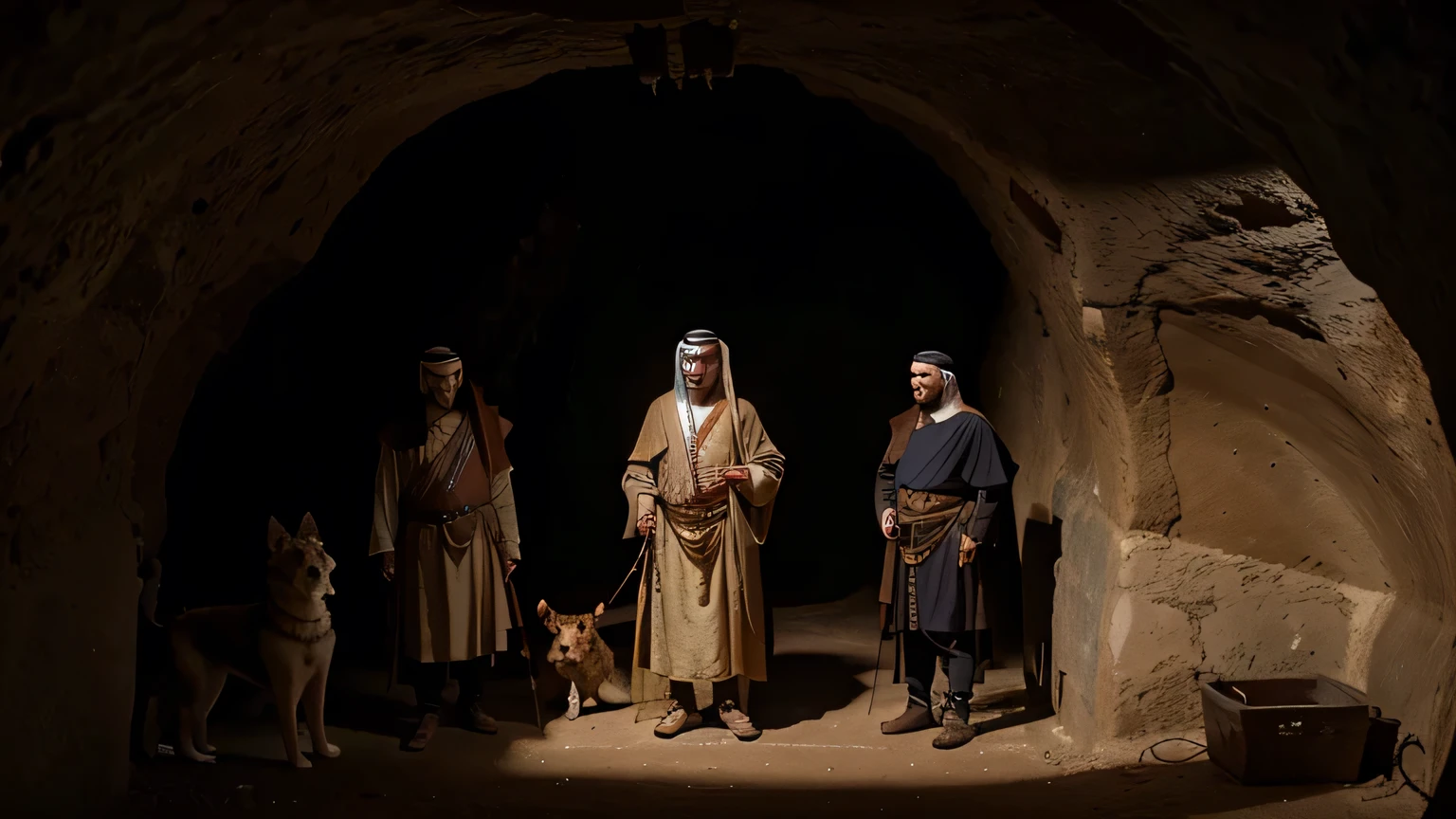 arabic 310 ad, In a cave, 4 men and a guard dog are talking. ultra realistic hd from above angel